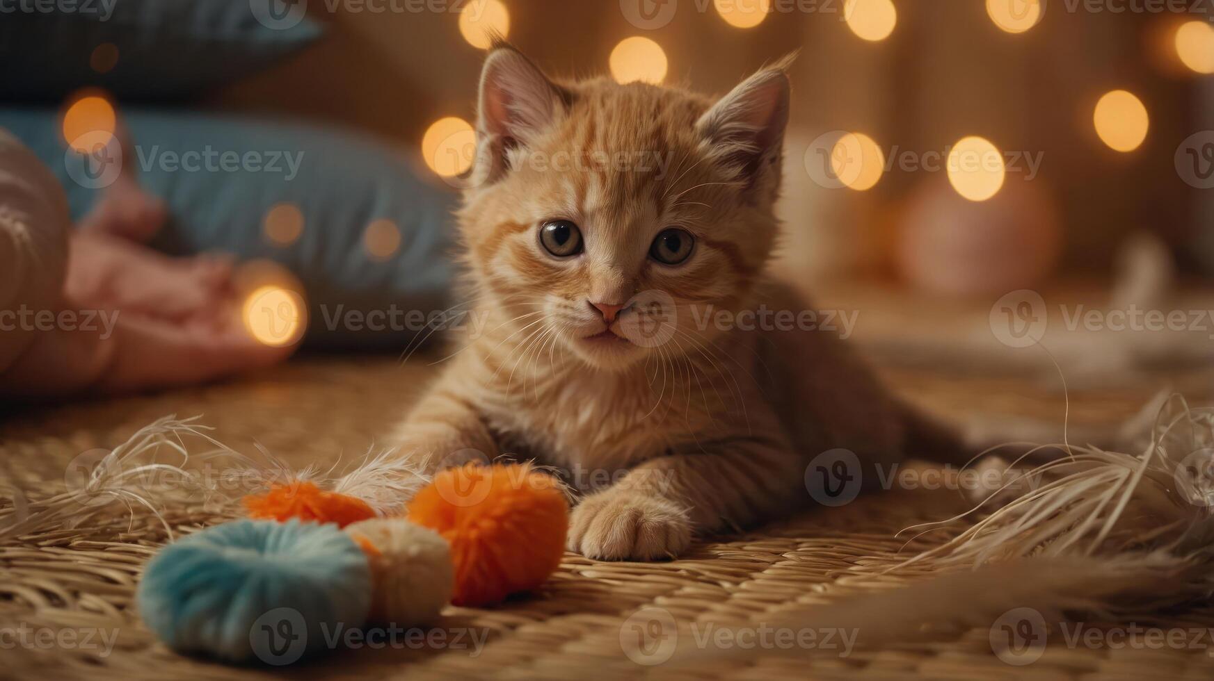 A playful kitten sits on a woven surface with colorful pom-poms and soft lighting in the background. photo