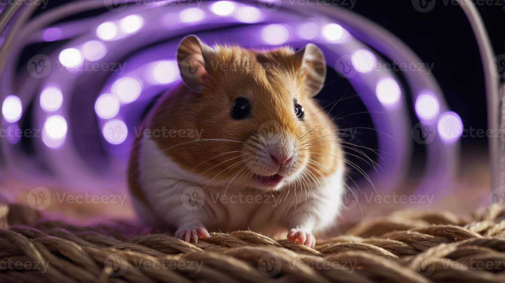 A cute hamster posing on a textured surface with colorful lights in the background. photo