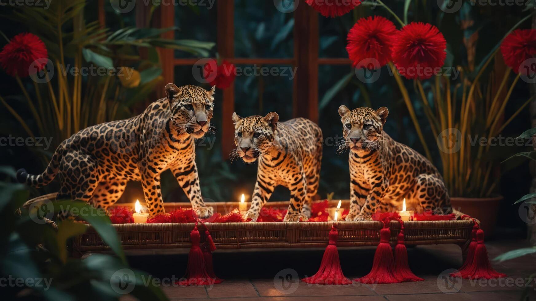 Three leopards posed decoratively with candles and flowers in a lush setting. photo