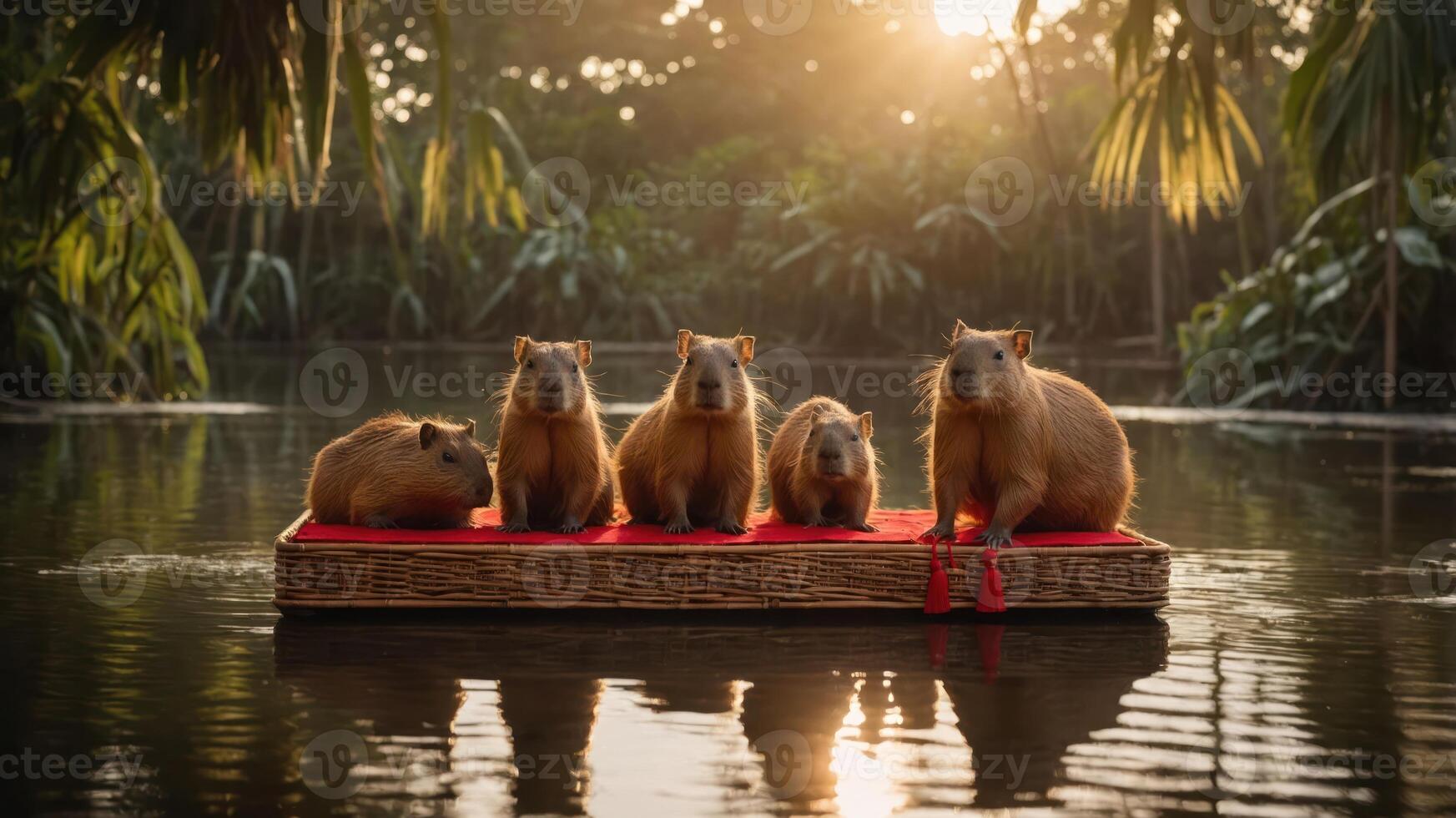 Five capybaras relaxing on a red platform in a serene water setting at sunset. photo