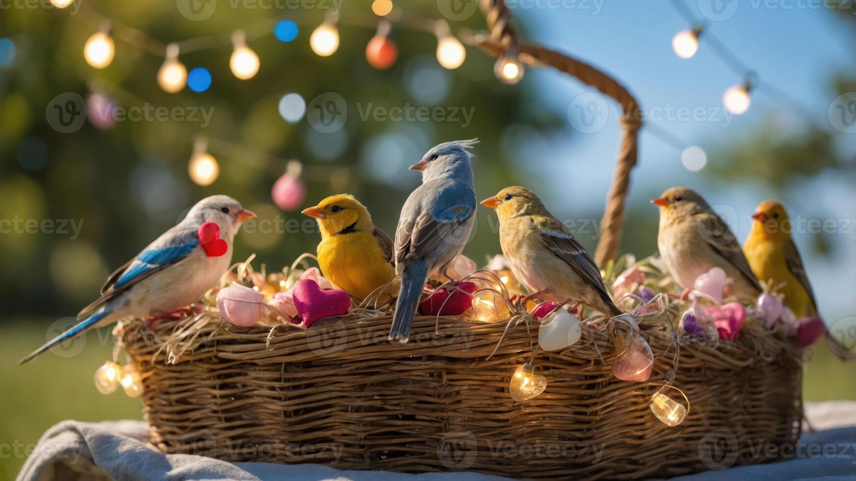 A vibrant scene of colorful birds perched in a decorative basket adorned with lights and flowers. photo