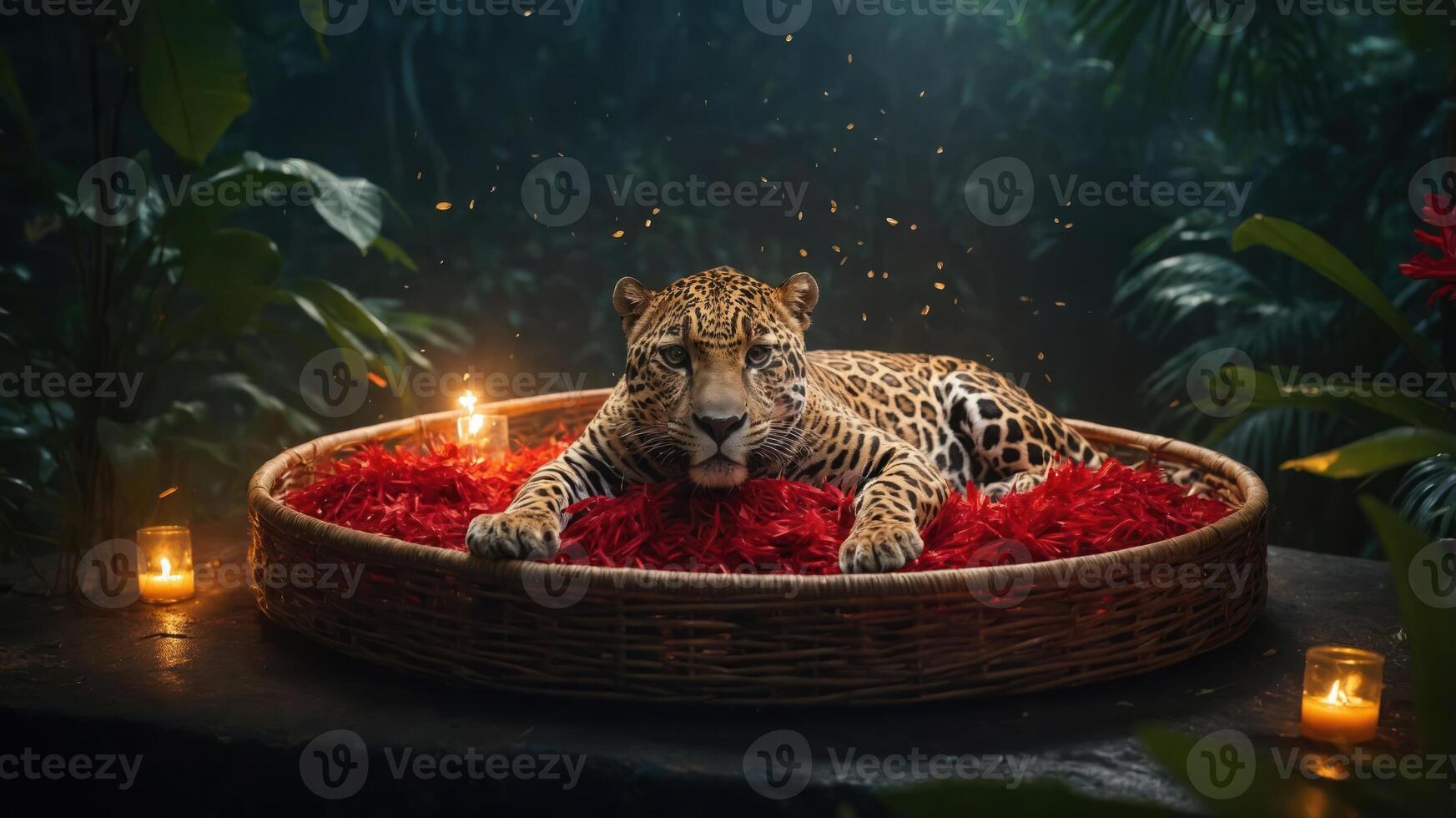 A serene leopard resting on a bed of red petals surrounded by candles in a lush environment. photo