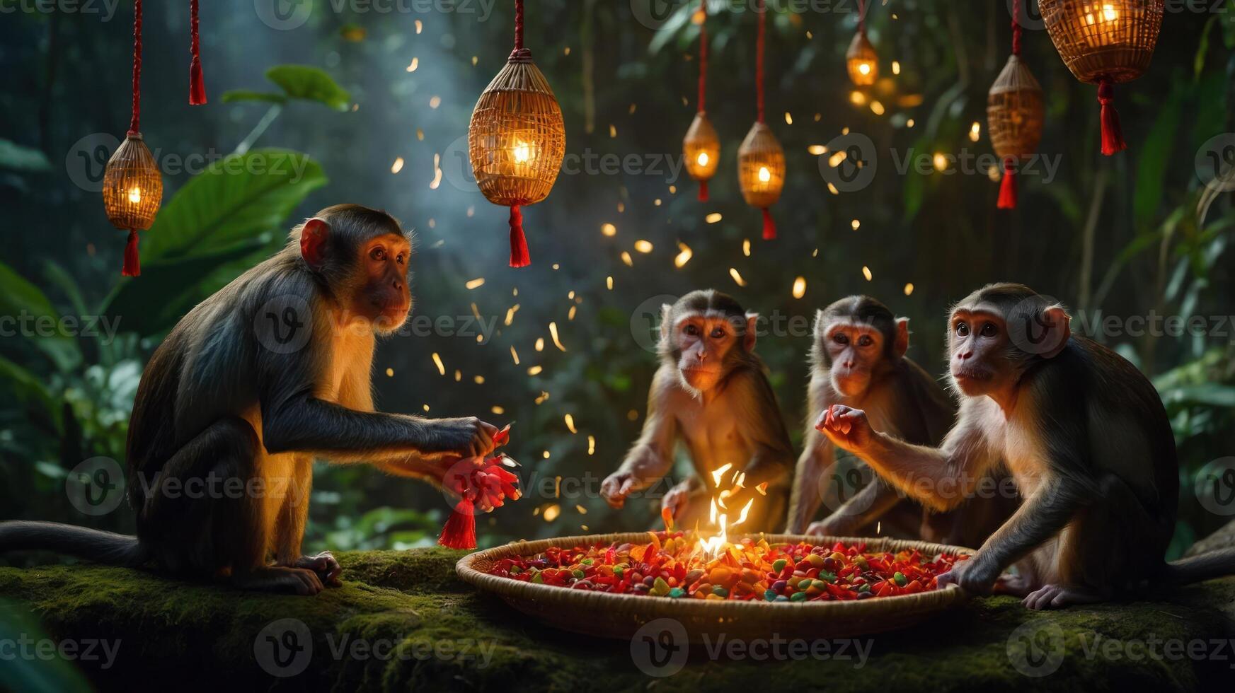 A group of monkeys enjoying a colorful feast in a lush jungle setting. photo