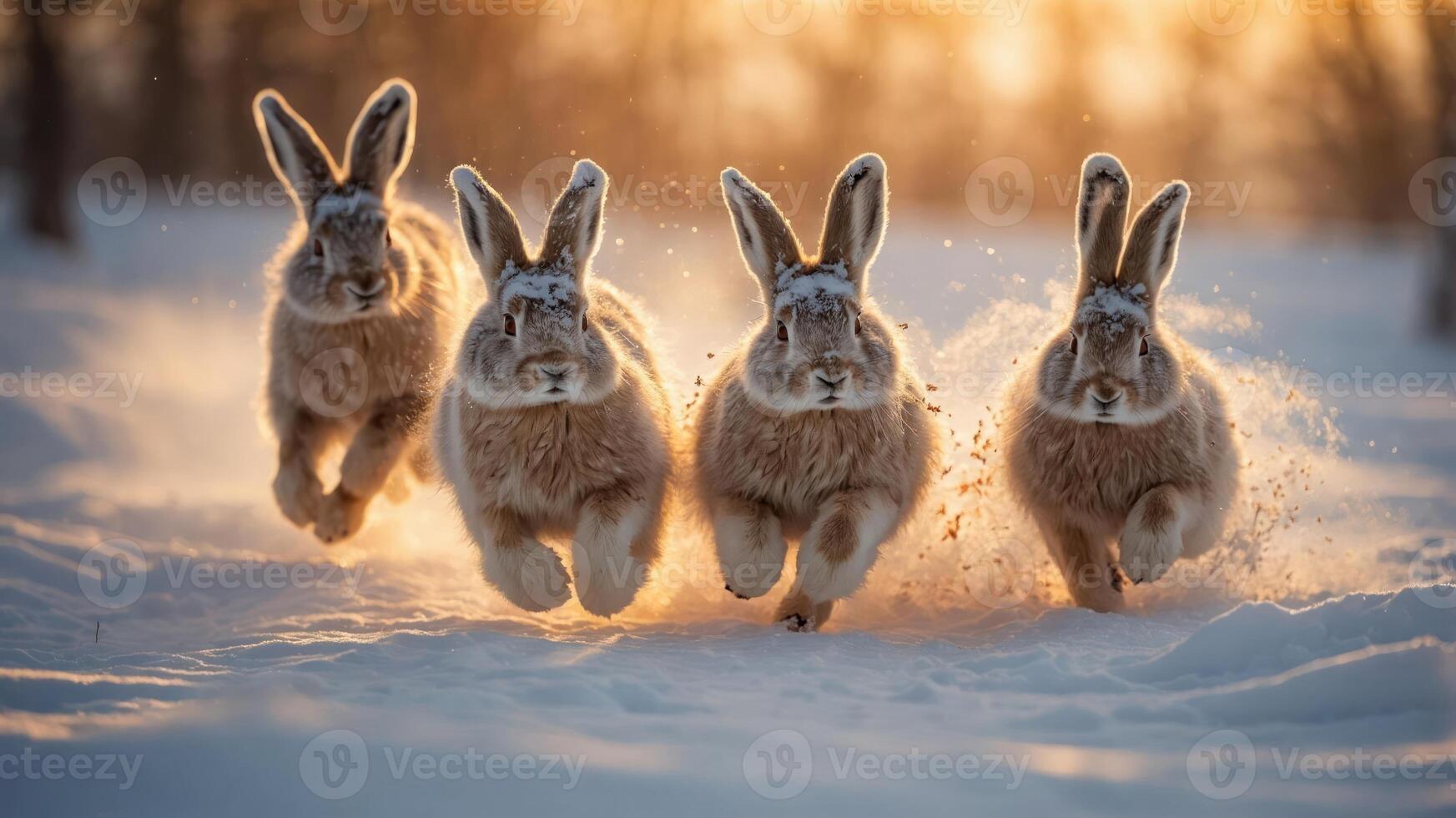 Four rabbits running through snowy terrain at sunset, creating a lively winter scene. photo
