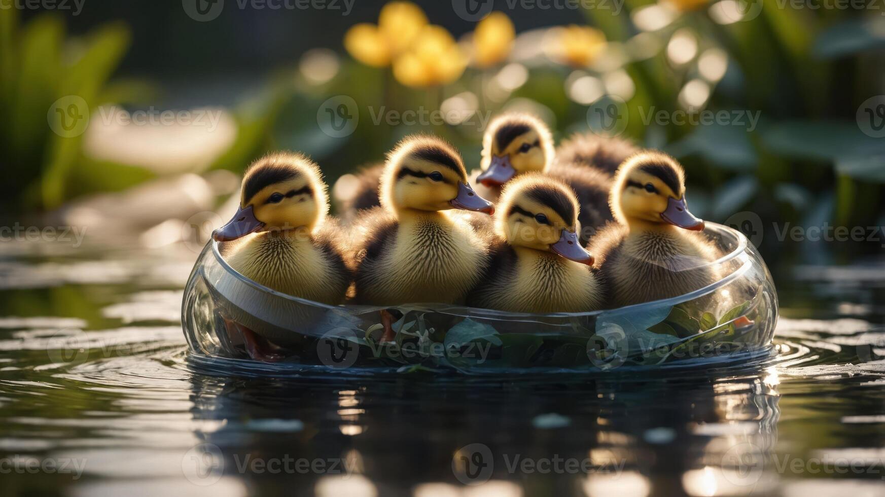 Five ducklings resting in a glass bowl on a serene pond surrounded by greenery. photo