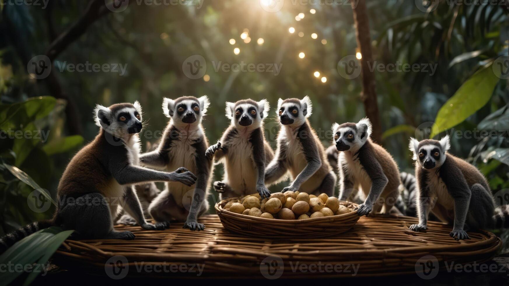 A group of lemurs gathered around a bowl of food in a lush, vibrant jungle setting. photo