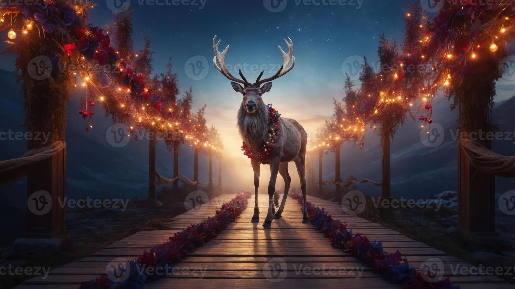 A majestic reindeer adorned with a floral garland stands on a lit pathway in a serene landscape. photo