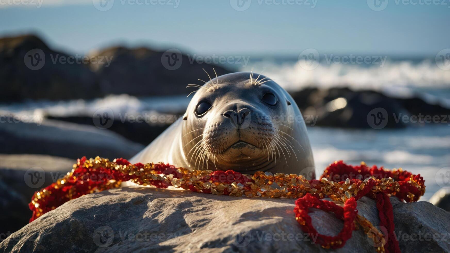 A seal rests on a rock adorned with colorful beads by the ocean. photo