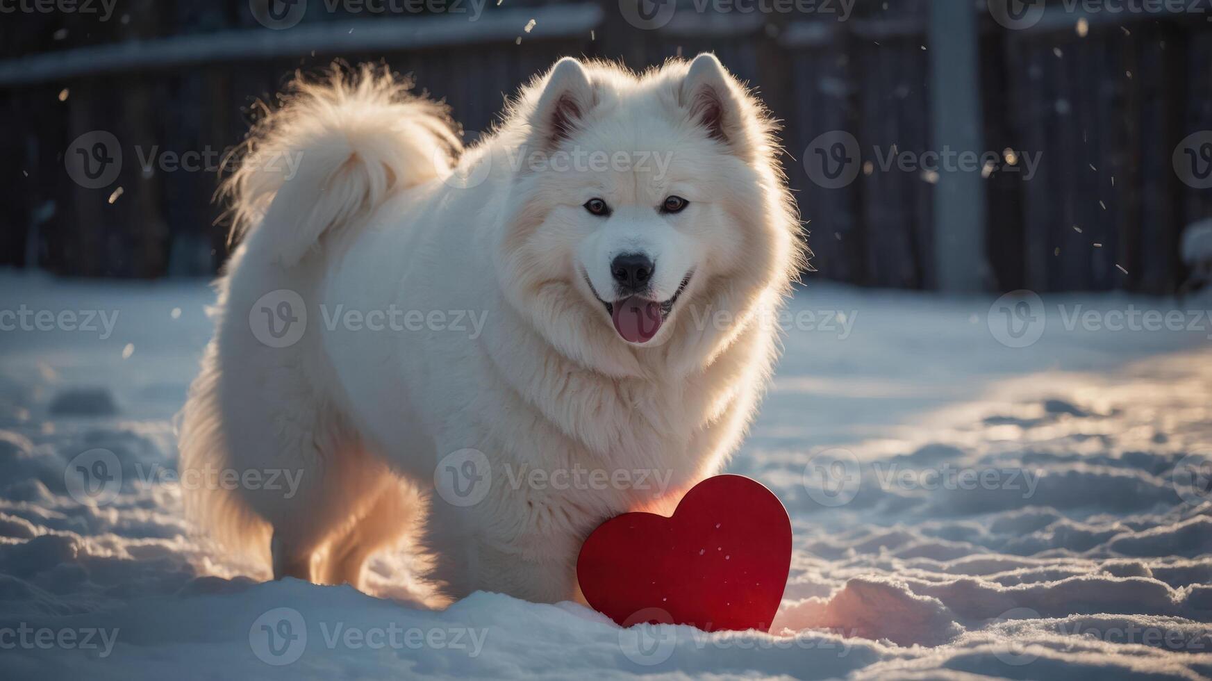 A cheerful Samoyed dog stands in the snow, holding a red heart-shaped object. photo