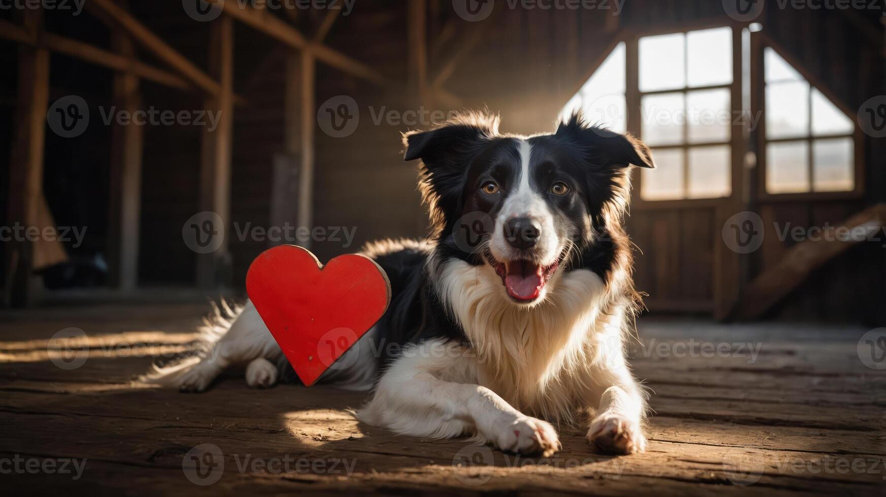 A happy dog lying down with a red heart symbol, creating a warm, affectionate atmosphere. photo