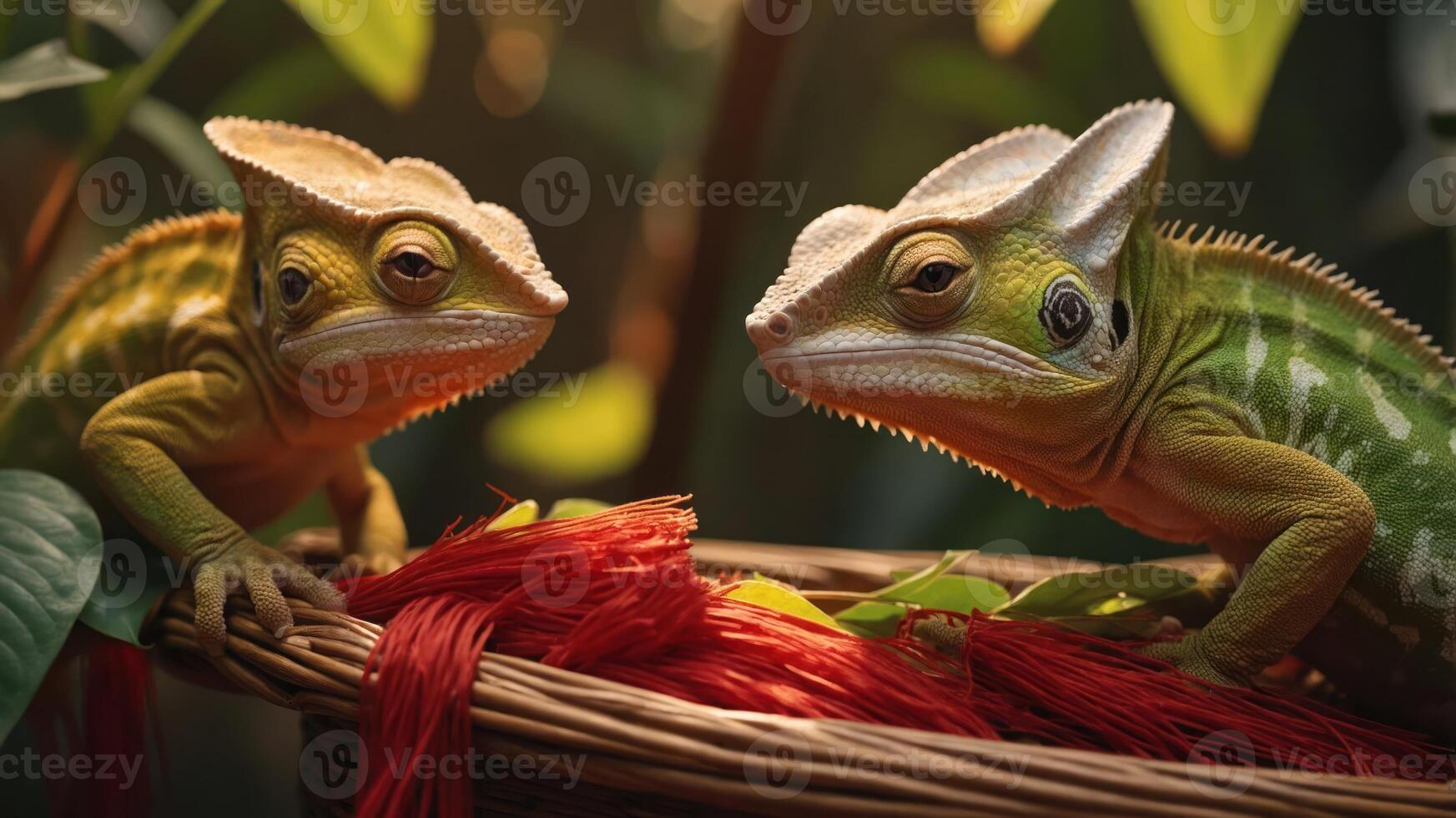 Two colorful lizards resting in a woven basket surrounded by lush greenery. photo