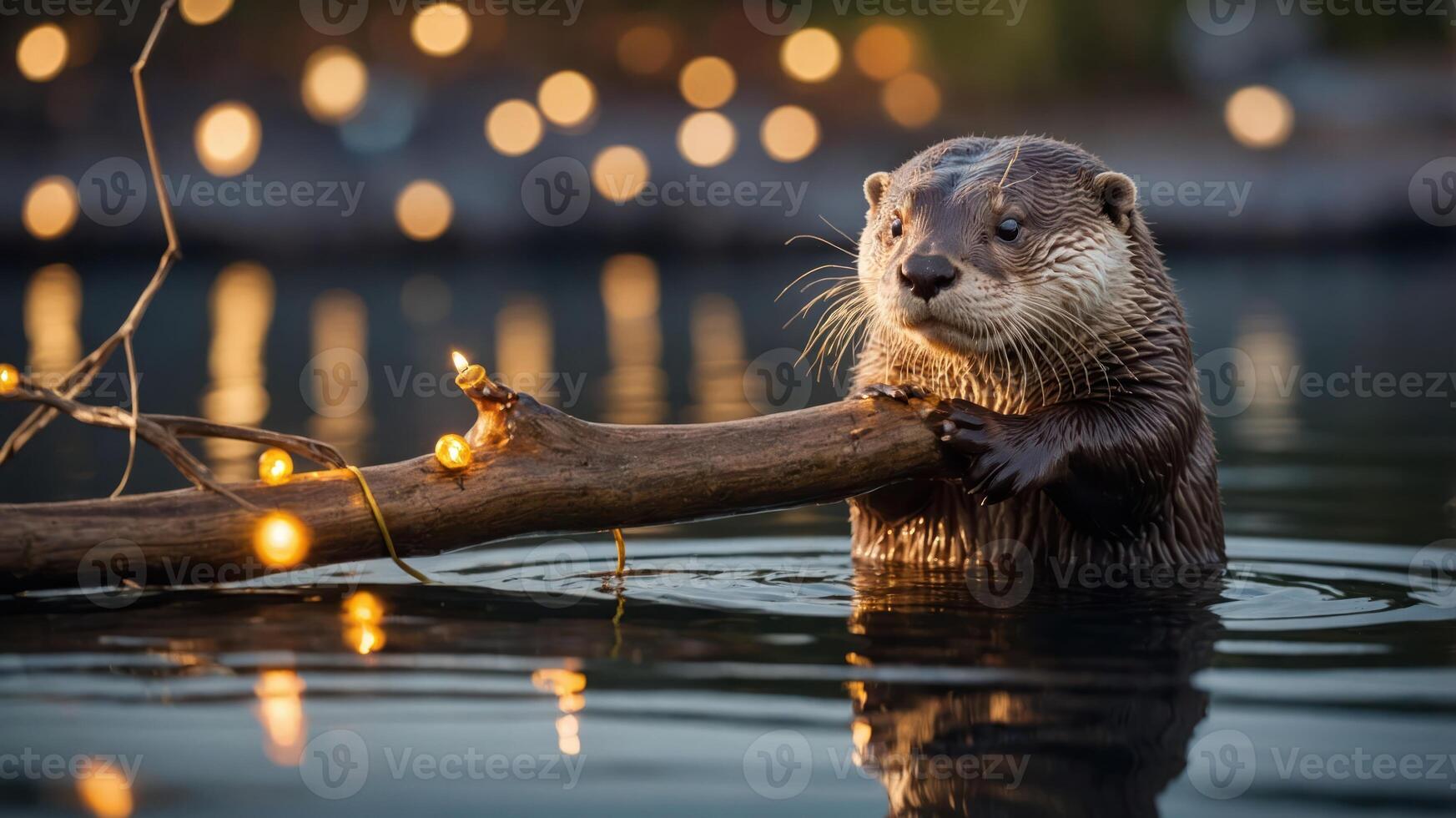 A playful otter holding a branch in a serene water setting adorned with soft lights. photo