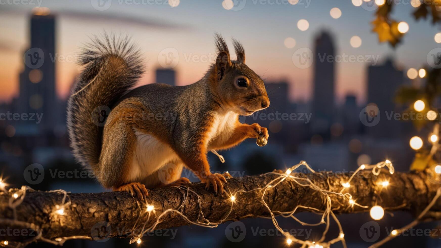 A squirrel perched on a branch with city lights in the background, surrounded by fairy lights. photo