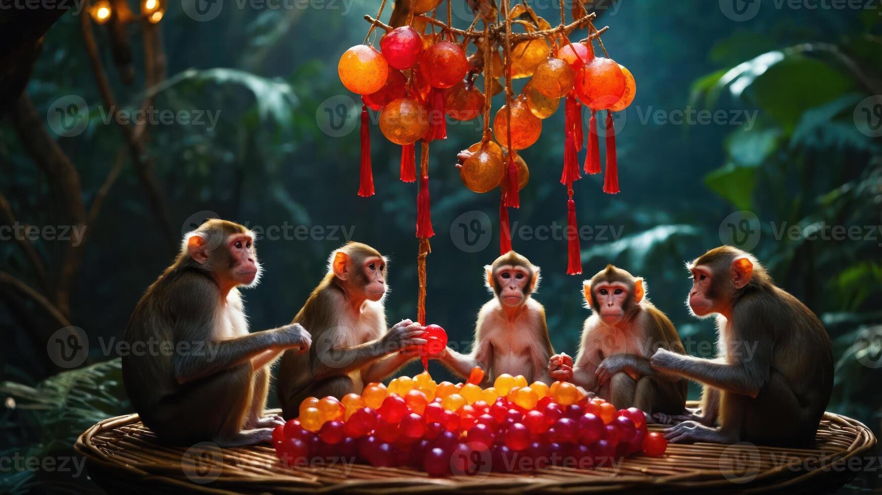 A group of monkeys gathered around a colorful fruit display in a lush forest setting. photo