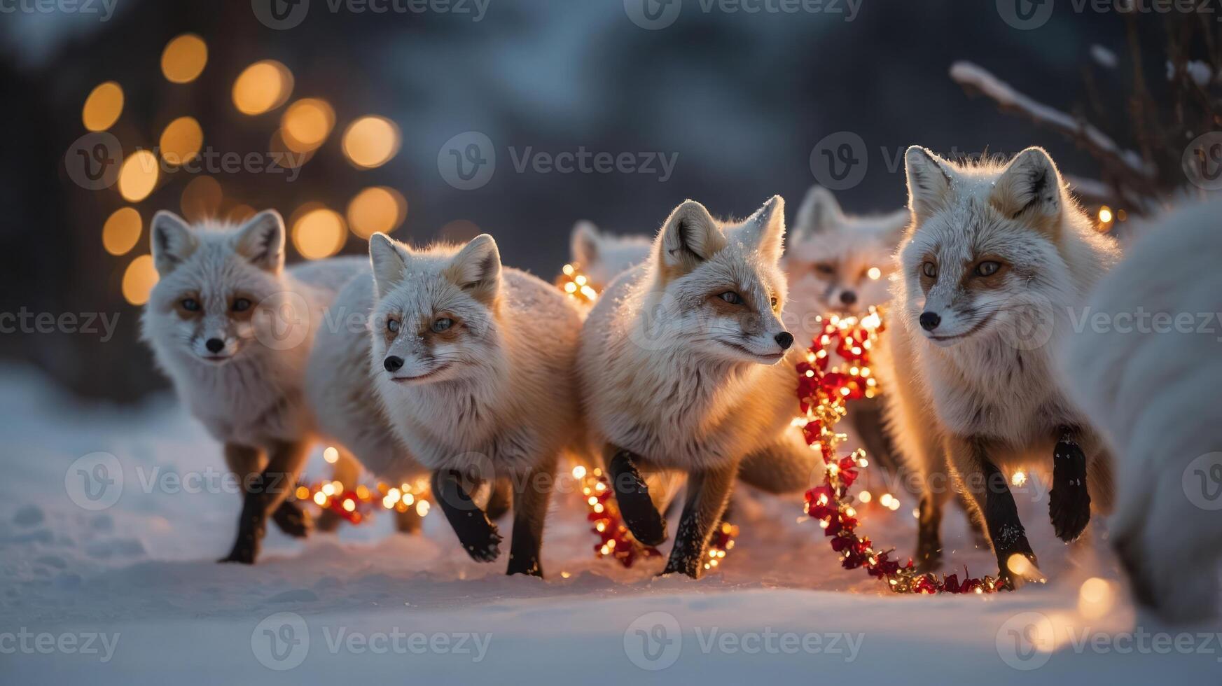 A group of foxes adorned with festive lights walking through snow. photo