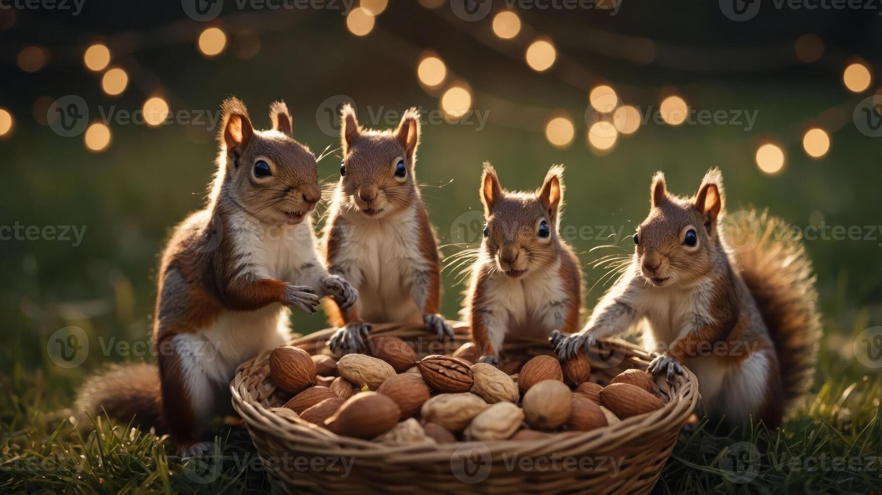 Four squirrels gather around a basket of nuts, creating a charming and playful scene. photo