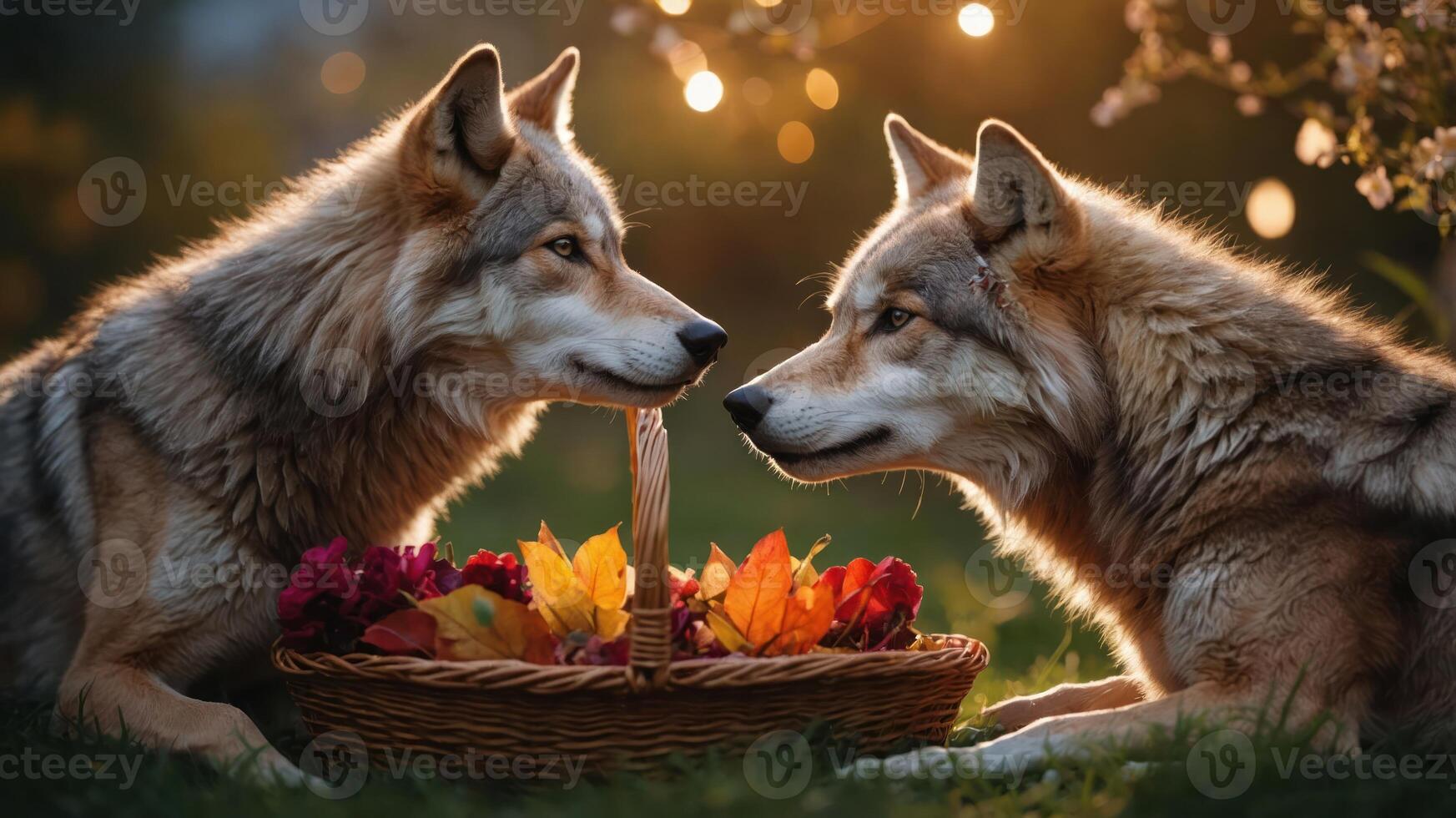 Two wolves gently touching noses beside a basket filled with autumn leaves and flowers. photo