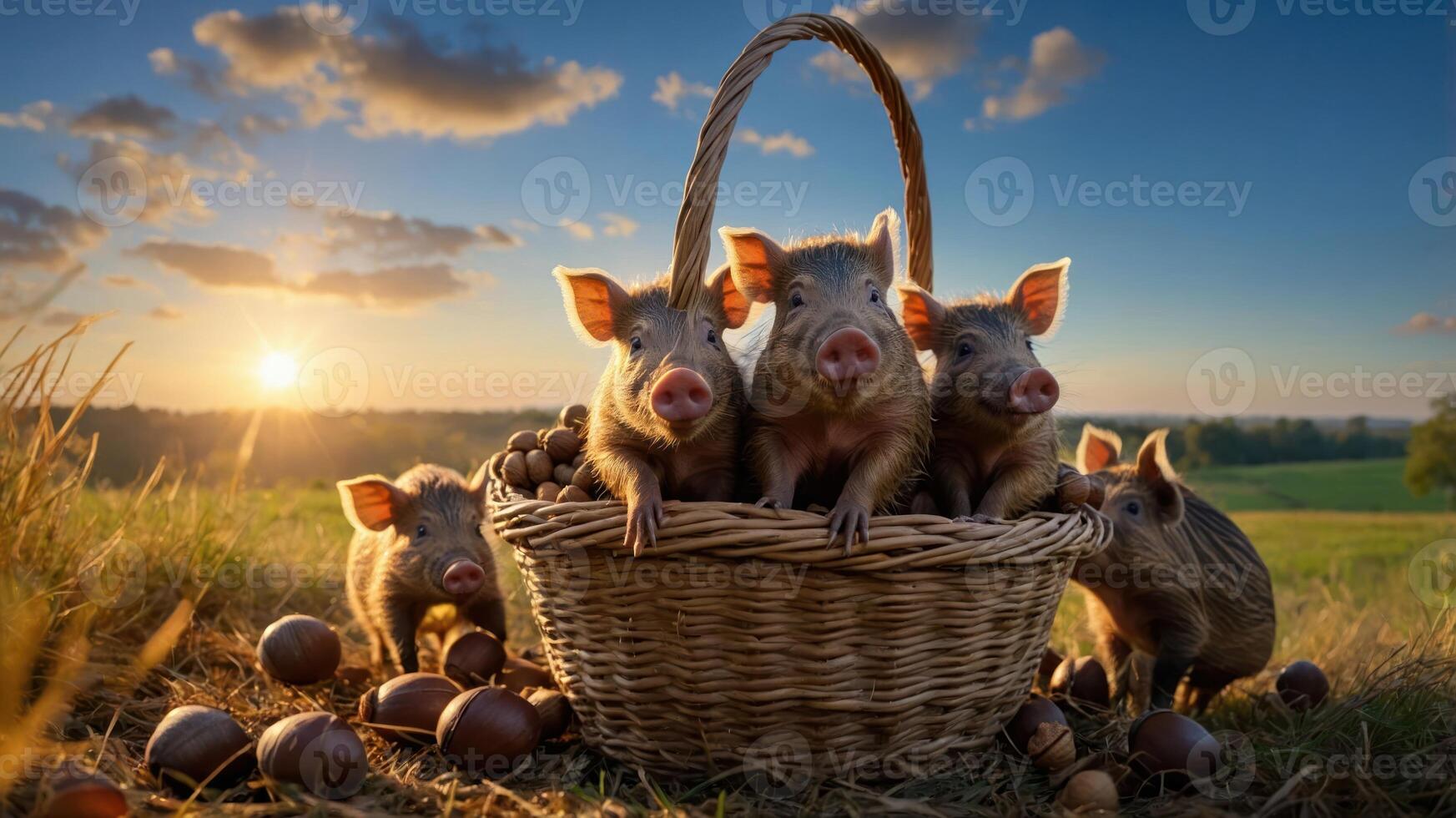 A basket filled with piglets in a sunlit field, surrounded by nature. photo