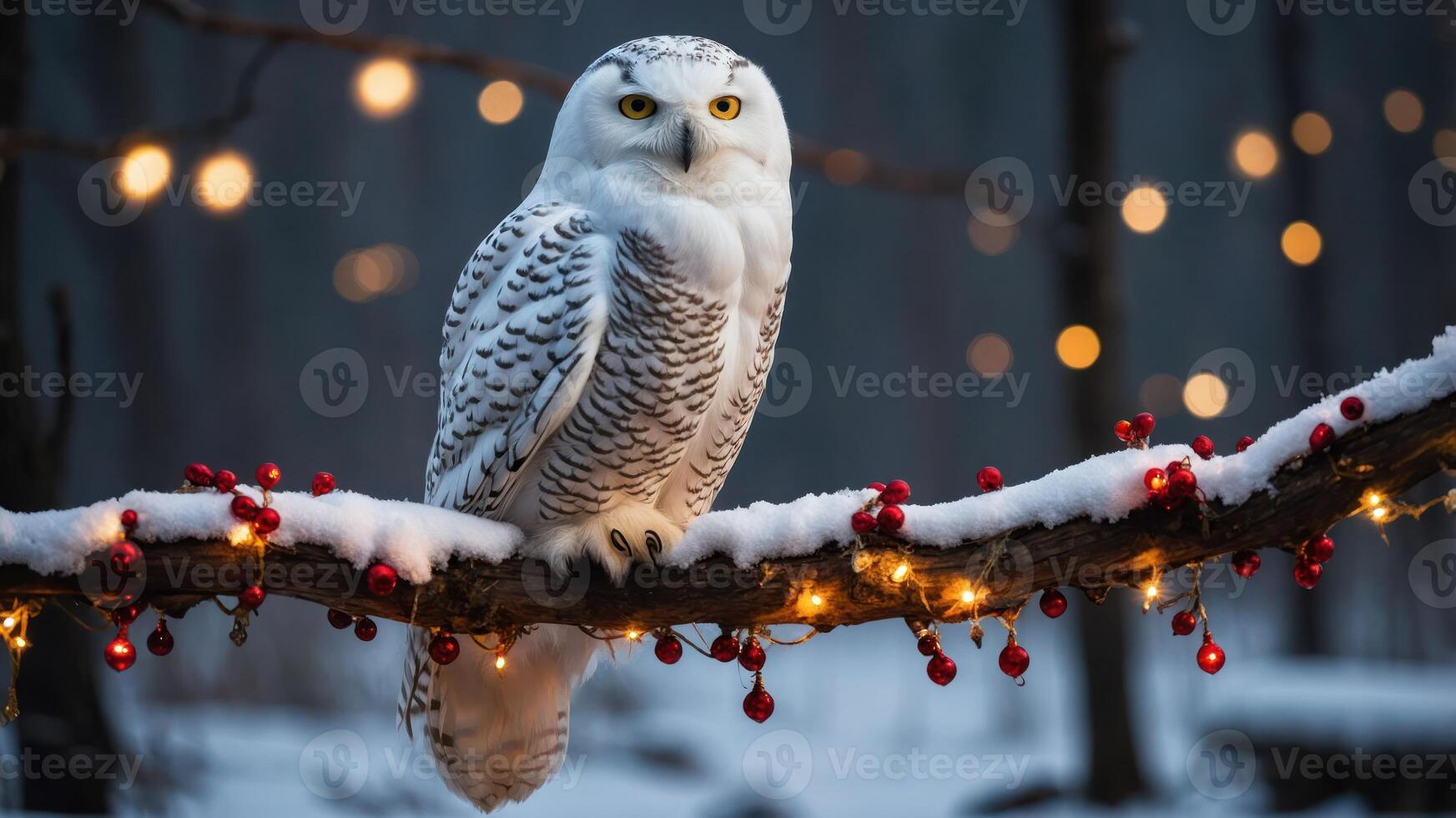 A snowy owl perched on a decorated branch in a wintry forest setting. photo