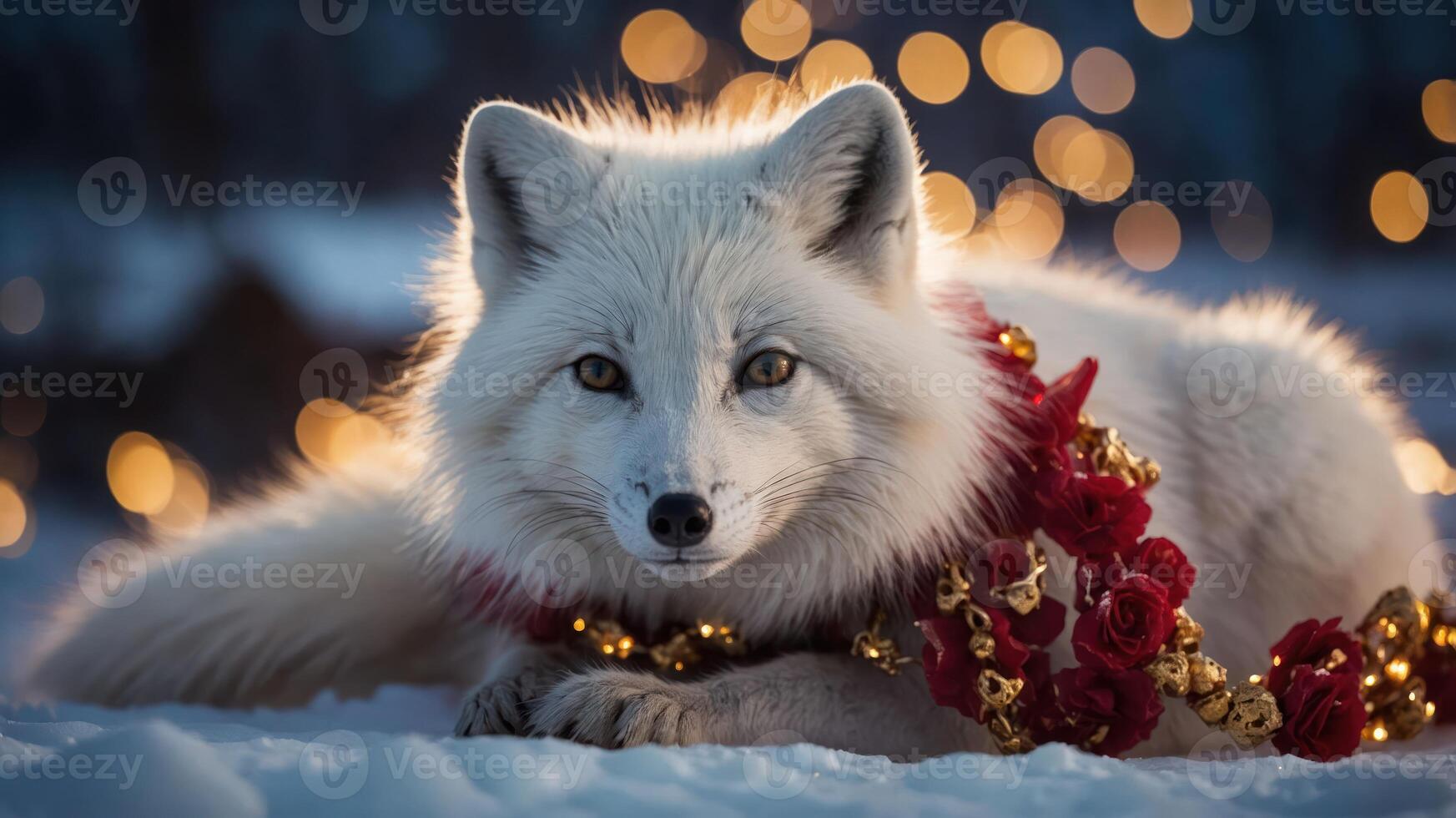 A majestic Arctic fox adorned with a festive floral garland against a blurred background. photo