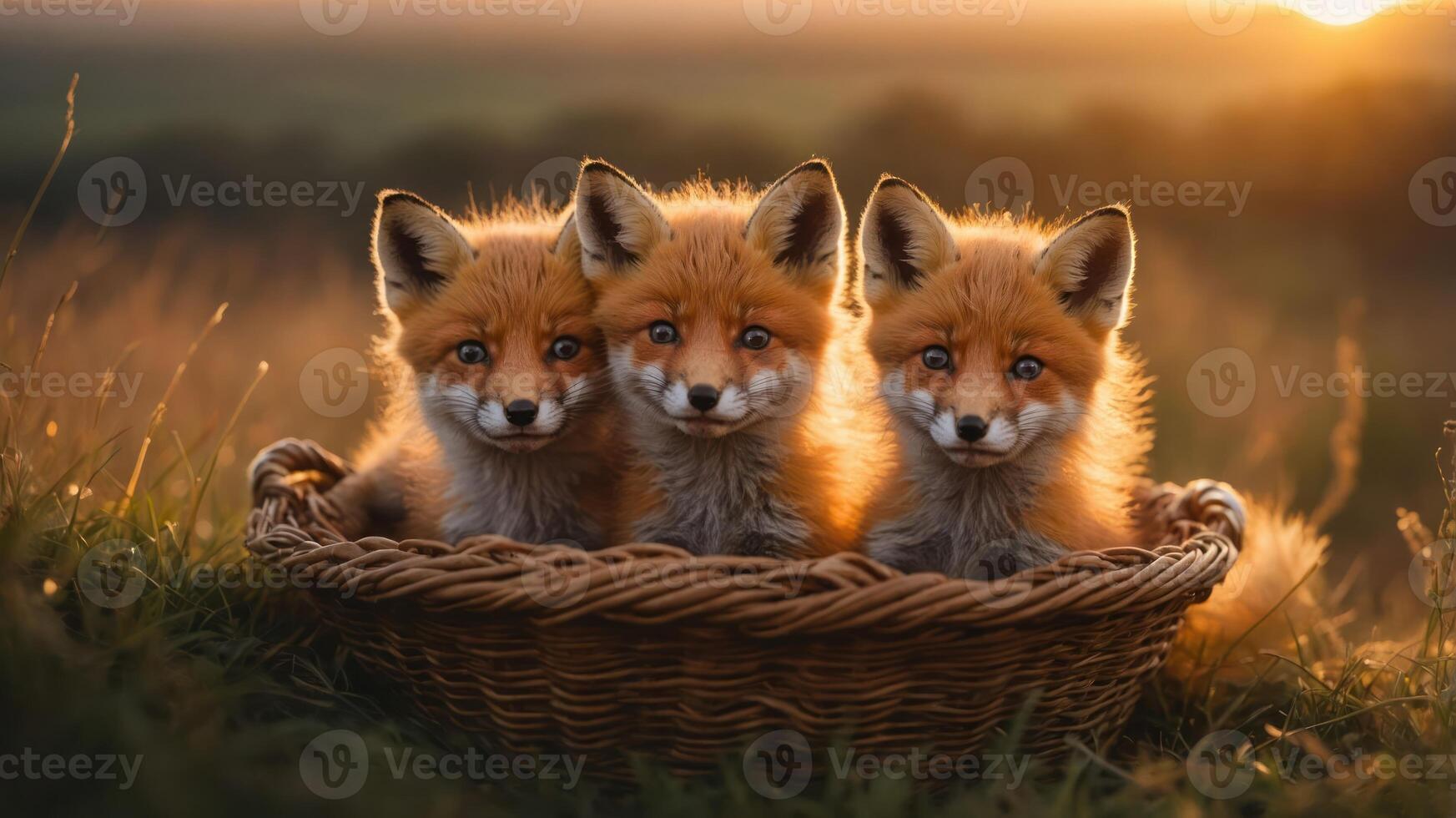 Three adorable fox cubs nestled in a woven basket during a sunset. photo