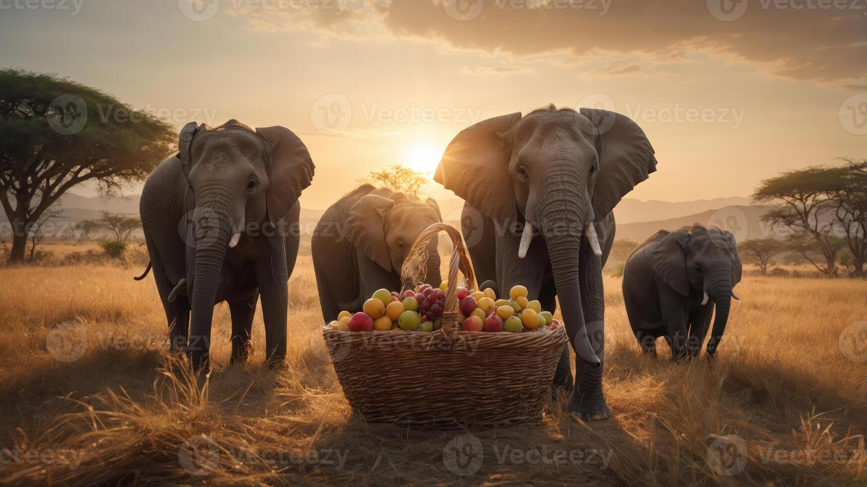 A group of elephants gathered around a basket of fruits at sunset in a savannah setting. photo