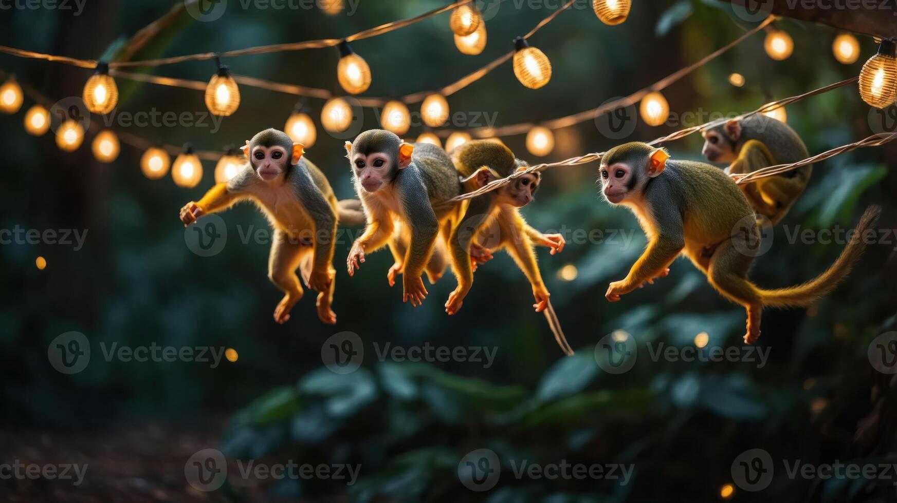 A playful scene of monkeys swinging under glowing lights in a lush environment. photo