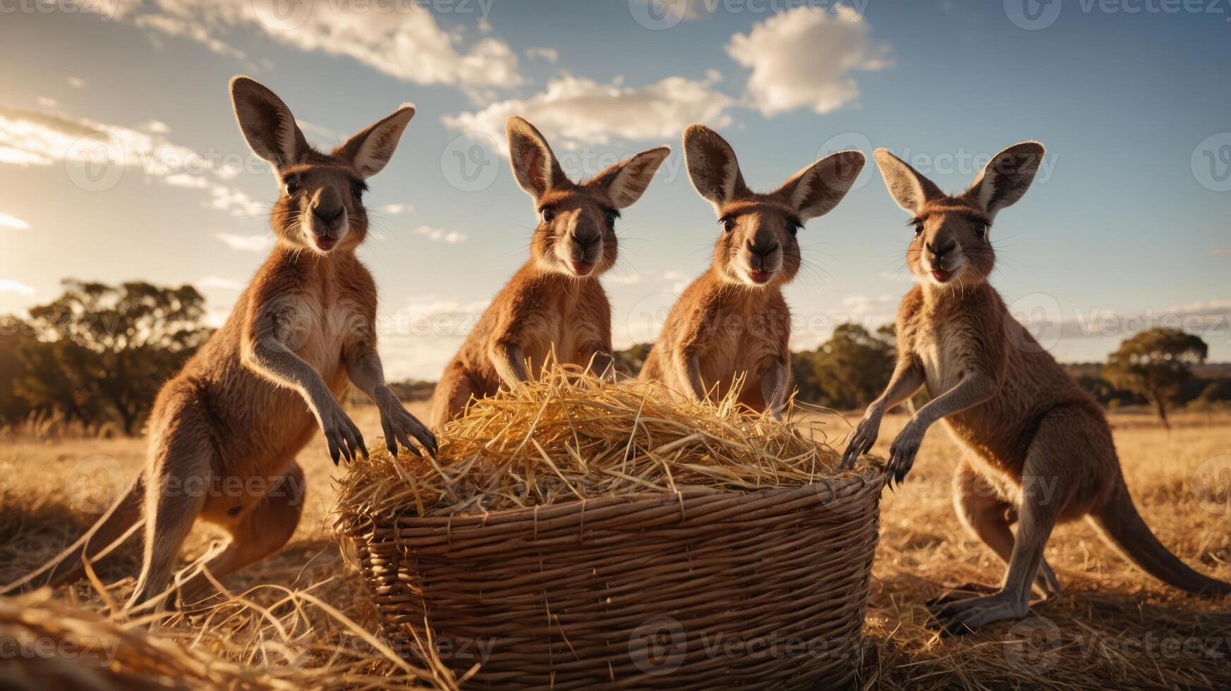 Four kangaroos playfully interacting with a basket of hay in a scenic landscape. photo