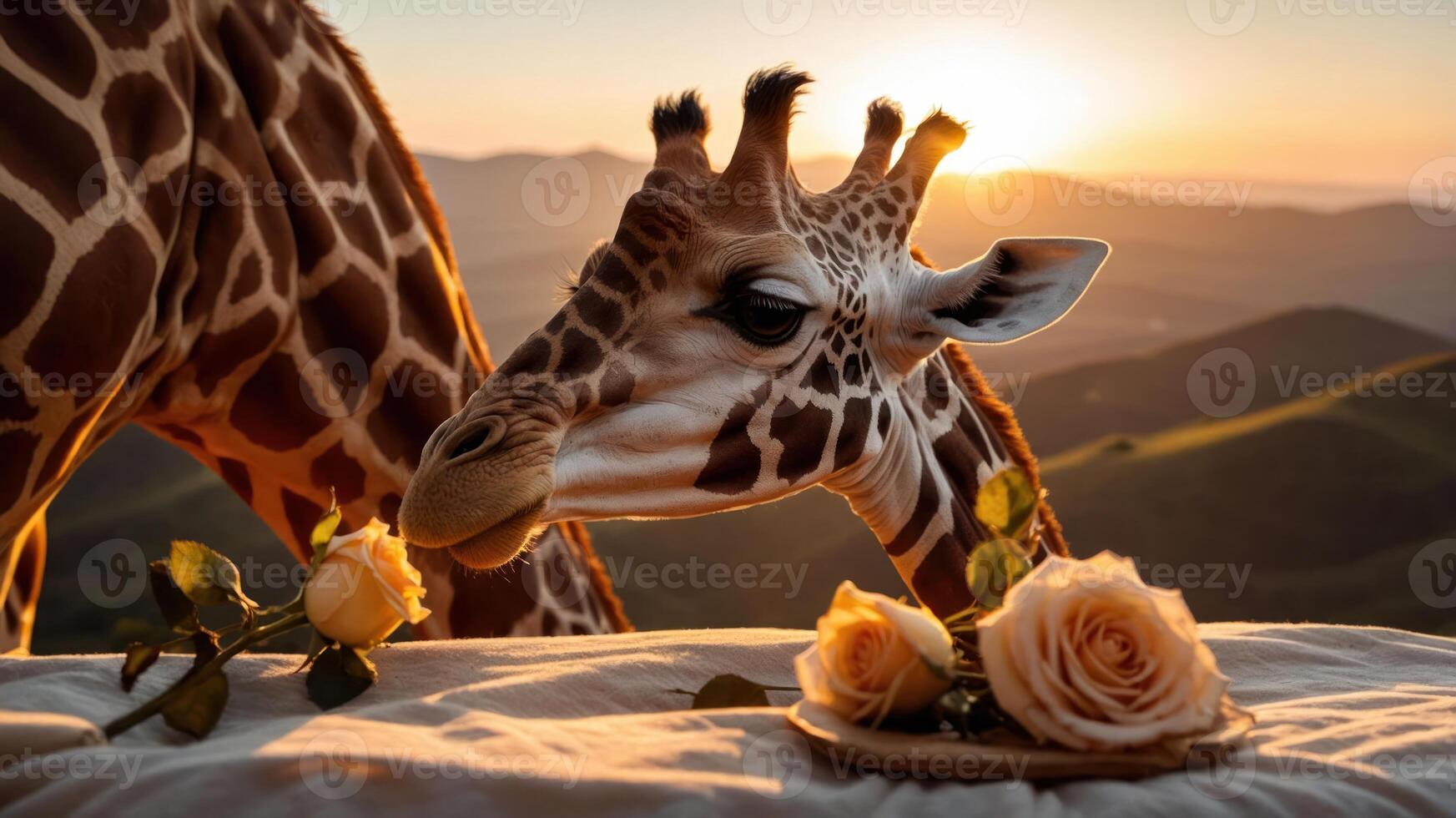 A giraffe curiously approaches a table adorned with roses at sunset in a serene landscape. photo