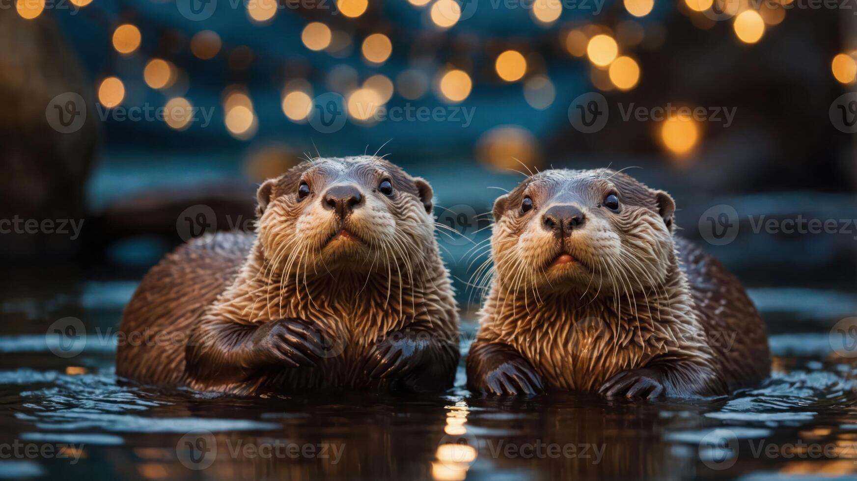 Two otters playfully swimming in a serene setting with twinkling lights in the background. photo