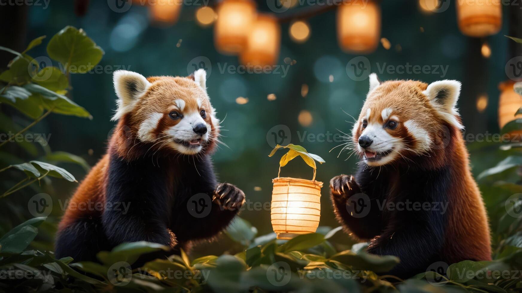 Two red pandas playfully interacting near a glowing lantern in a lush environment. photo