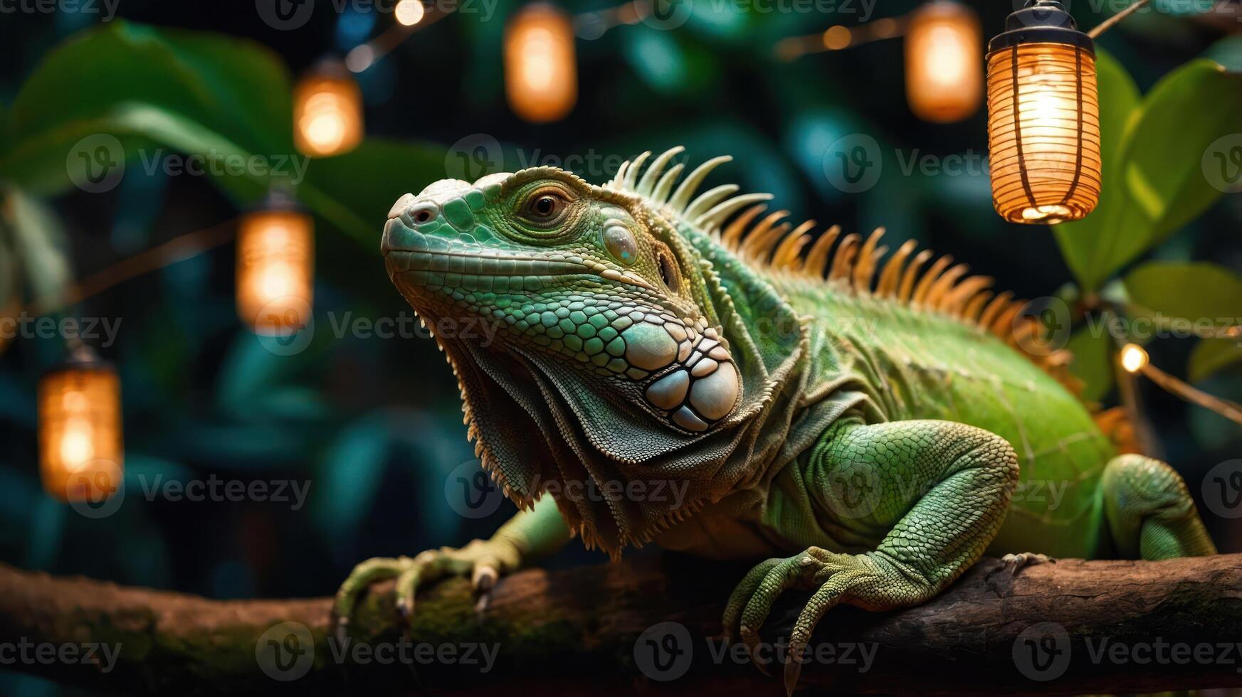 A green iguana perched on a branch surrounded by warm, glowing lanterns in a lush environment. photo