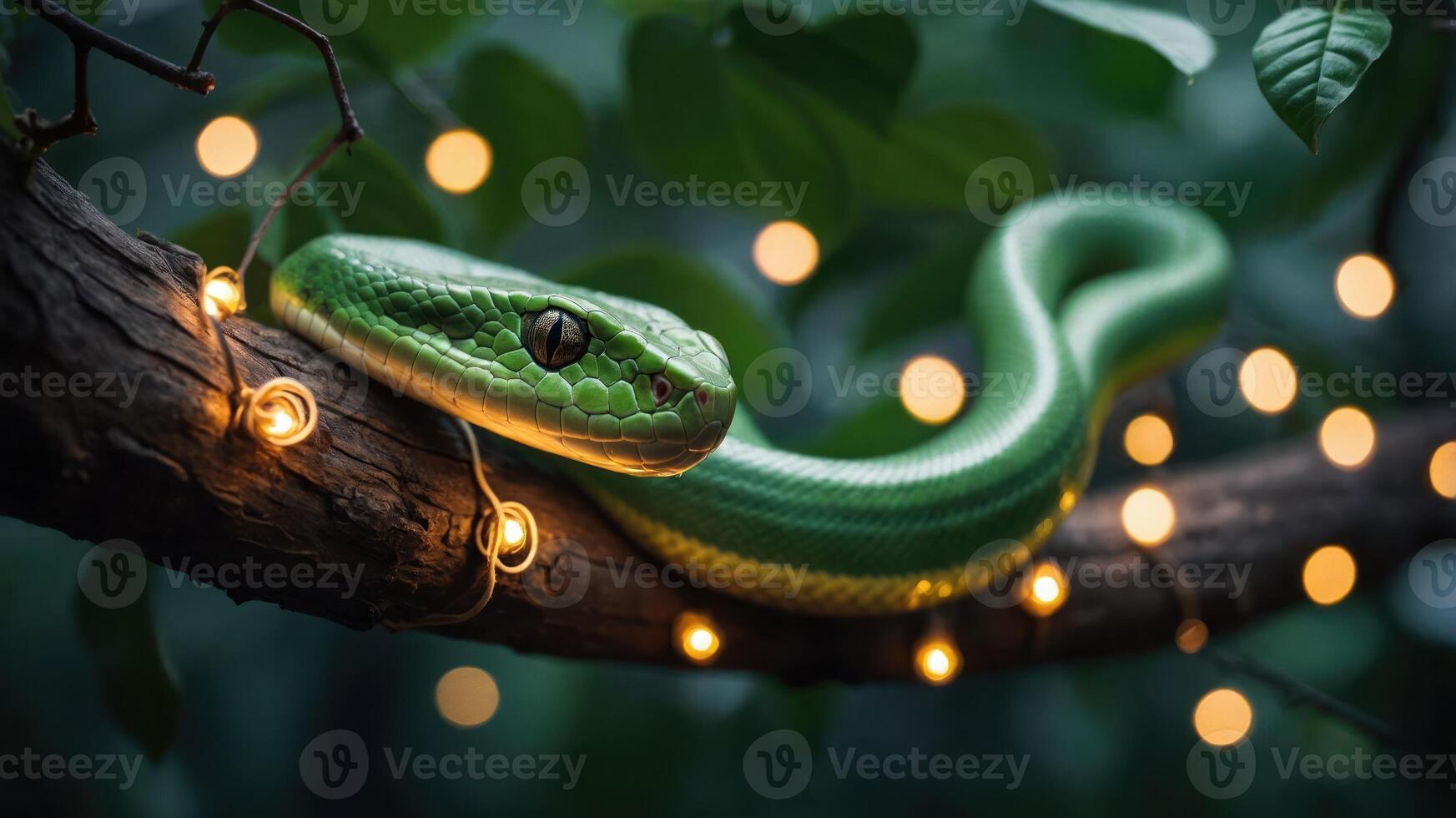 A vibrant green snake resting on a branch adorned with glowing fairy lights. photo