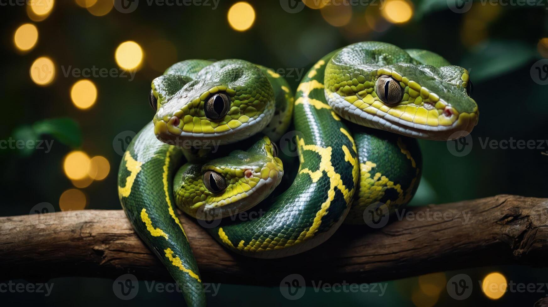 Three green tree pythons coiled together on a branch with a blurred background of lights. photo