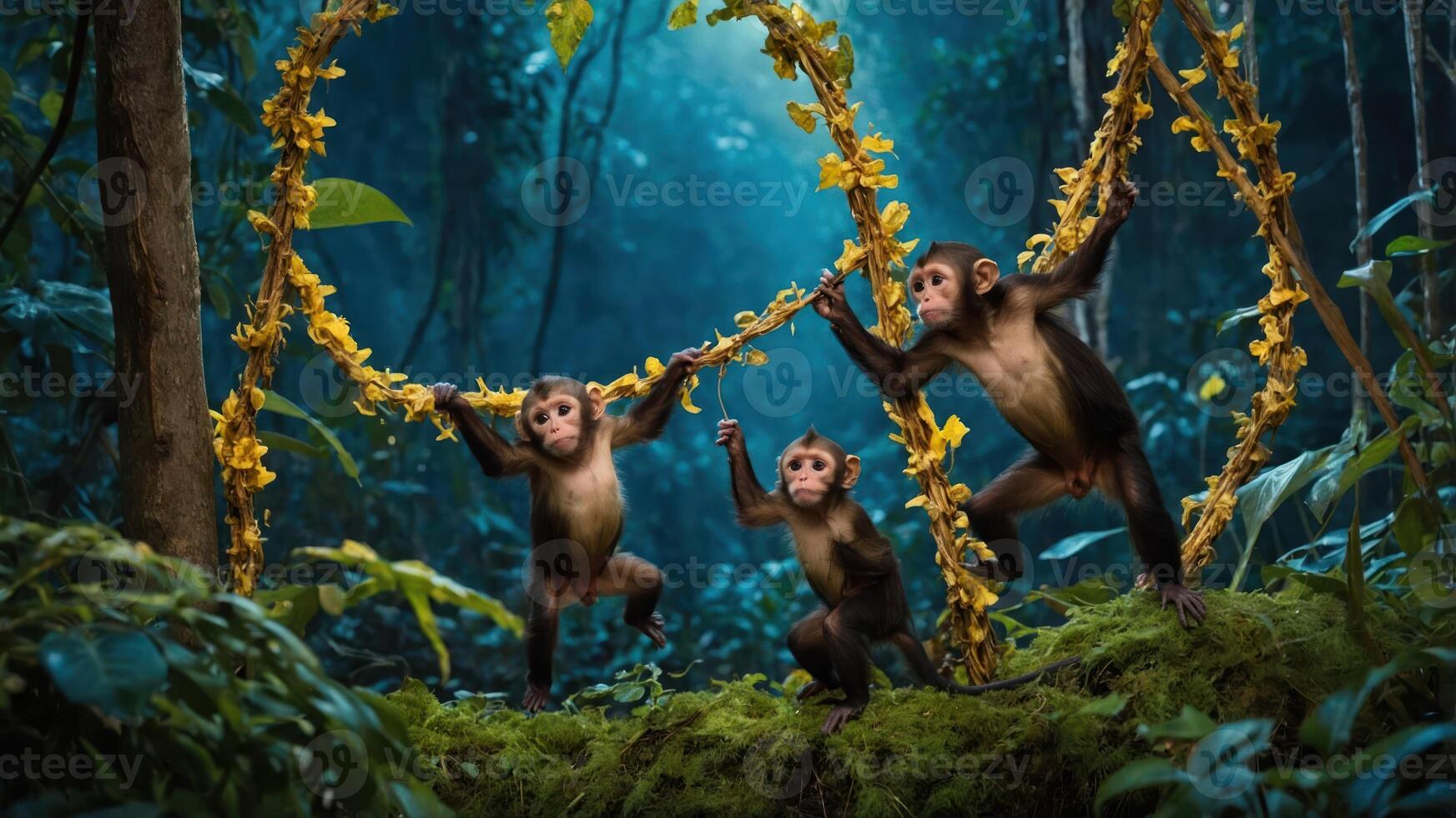 Three playful monkeys interacting with vines in a lush forest setting. photo