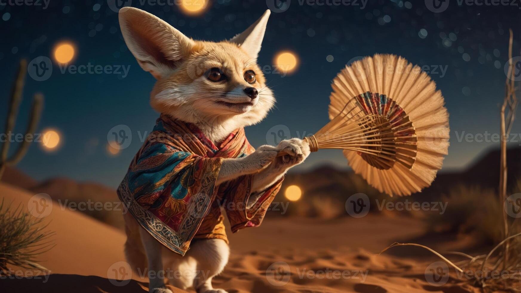 A whimsical fennec fox in a desert setting, holding a fan under a starry sky. photo