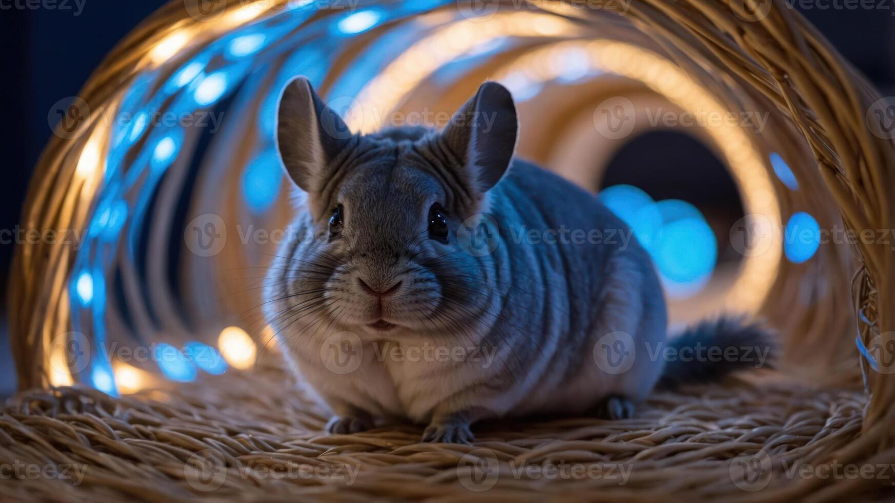 A cute gray chinchilla sitting on a woven surface, surrounded by soft, glowing lights. photo