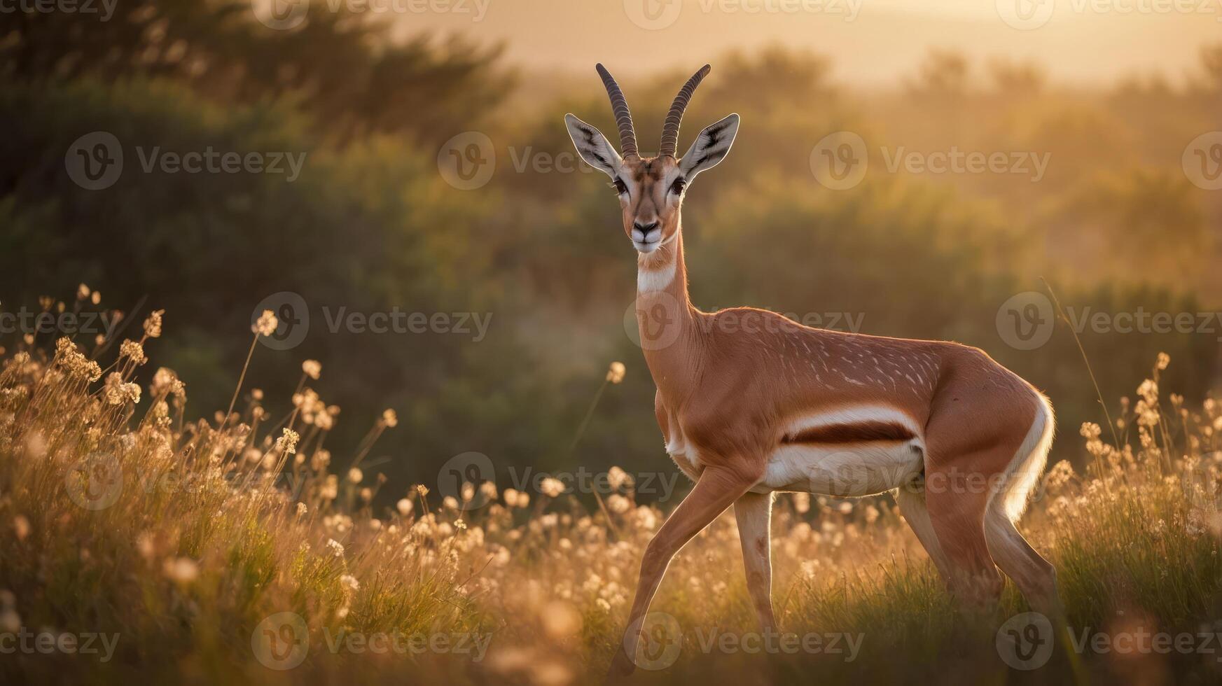 A graceful antelope stands in a sunlit field surrounded by flowers and greenery. photo