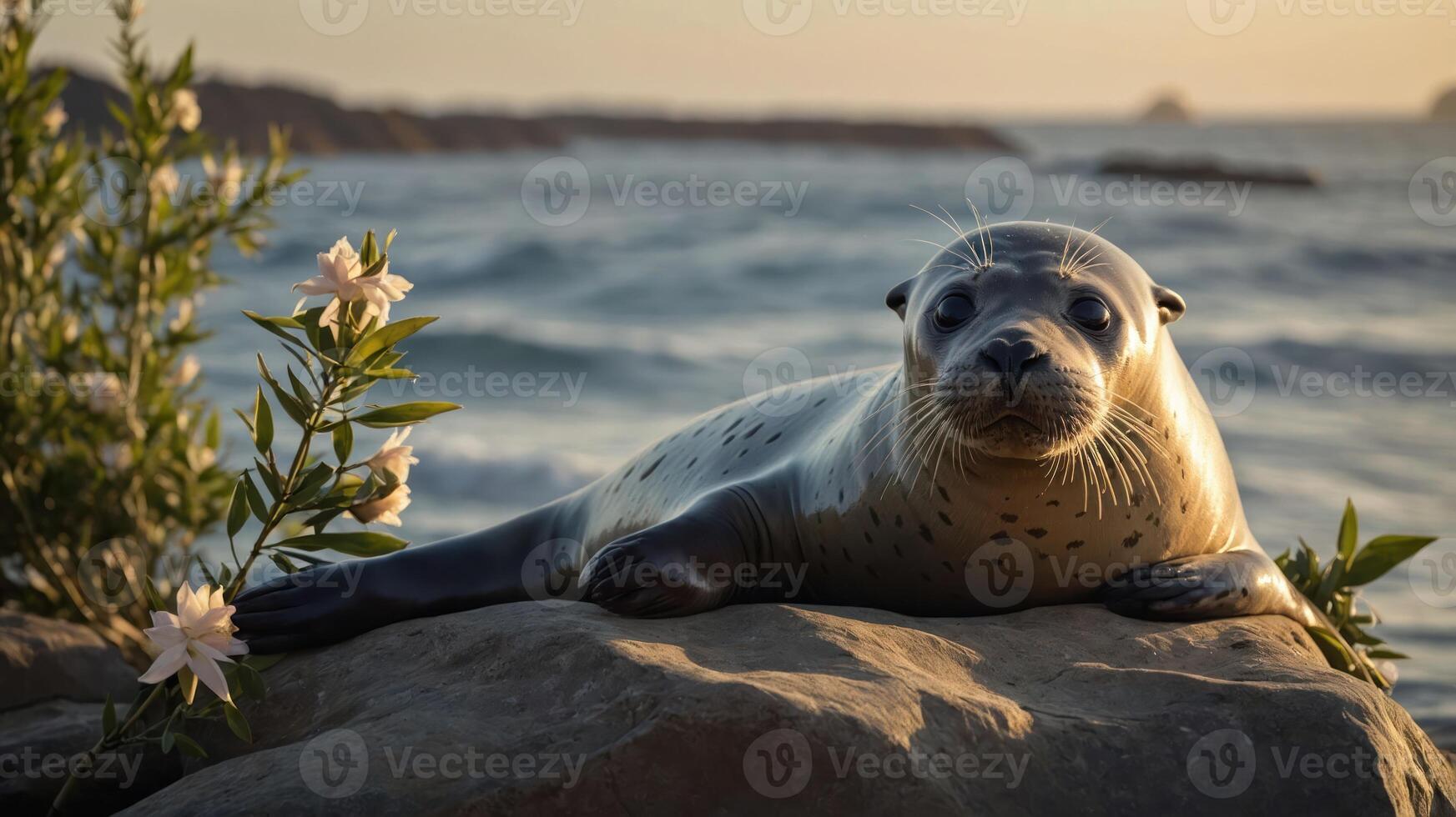 A seal resting on a rock by the ocean, surrounded by flowers and a serene landscape. photo