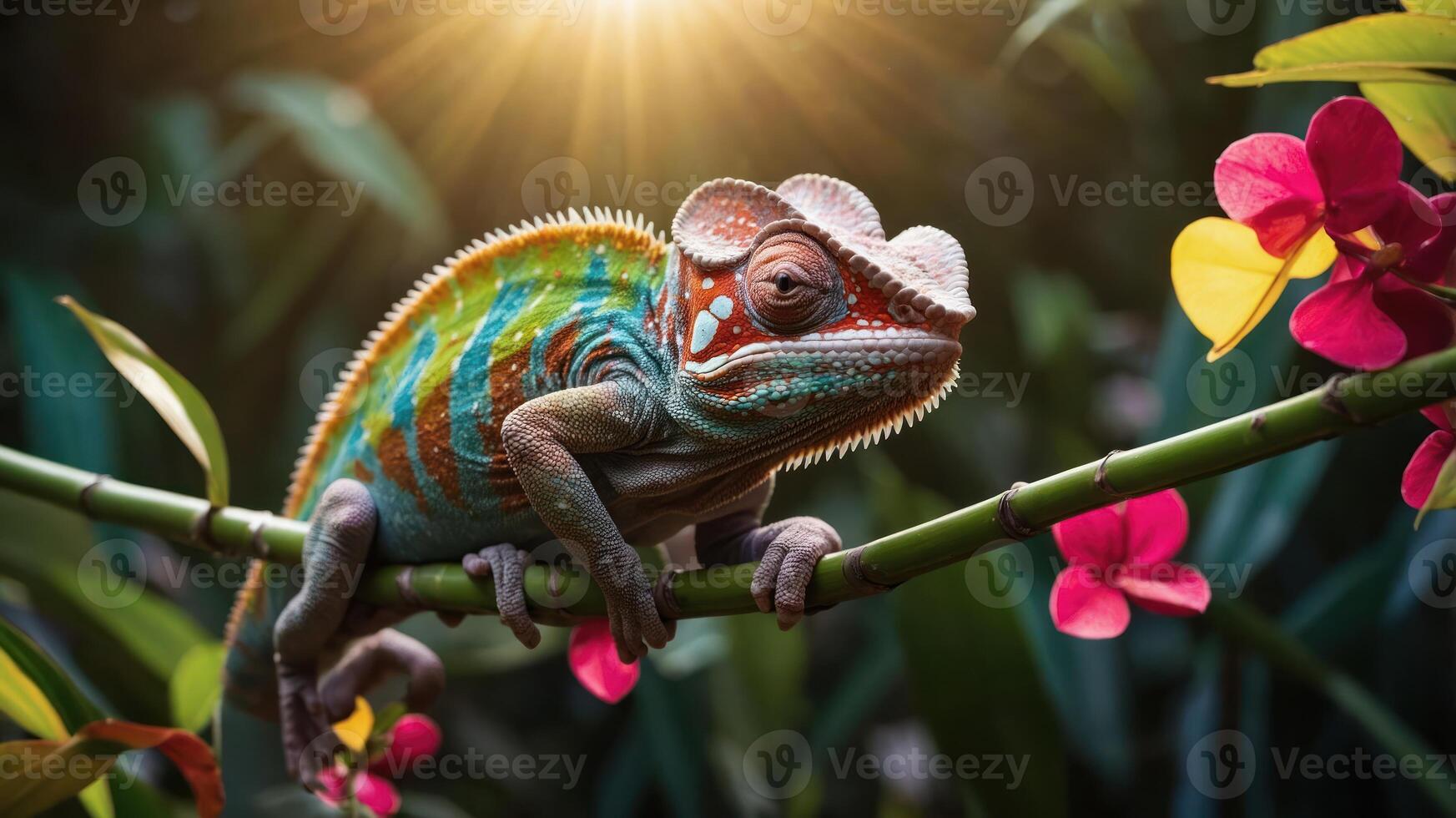 A vibrant chameleon perched on a bamboo branch surrounded by colorful flowers. photo