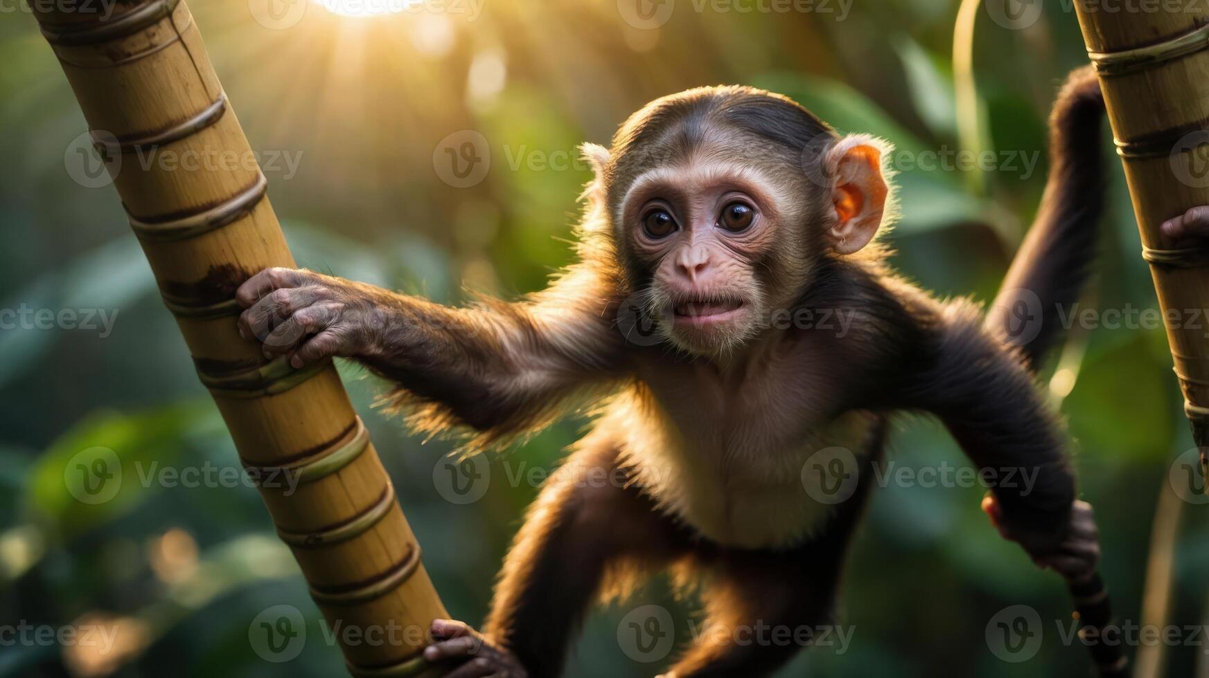 A young monkey clings to a bamboo stalk in a sunlit jungle setting. photo