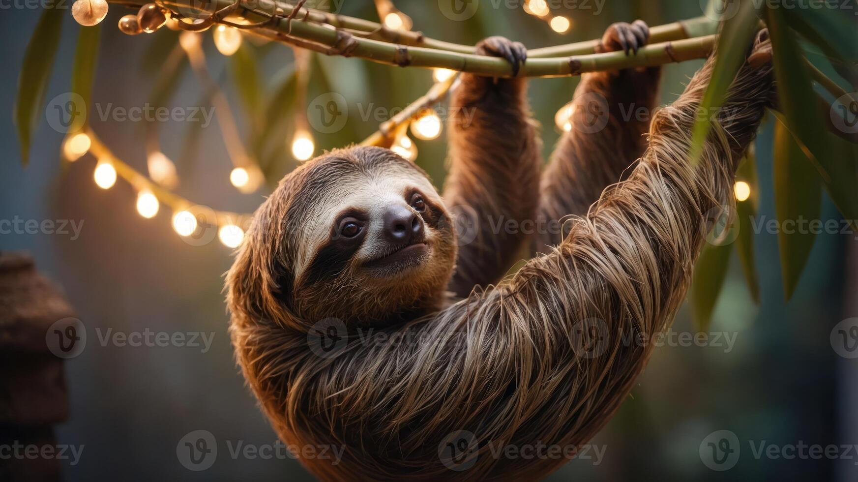 A sloth hanging from a branch adorned with fairy lights in a serene setting. photo