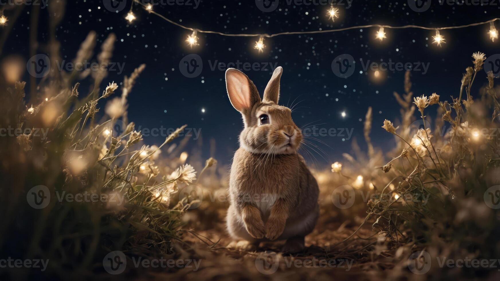 A cute rabbit in a dreamy field illuminated by fairy lights under a starry sky. photo
