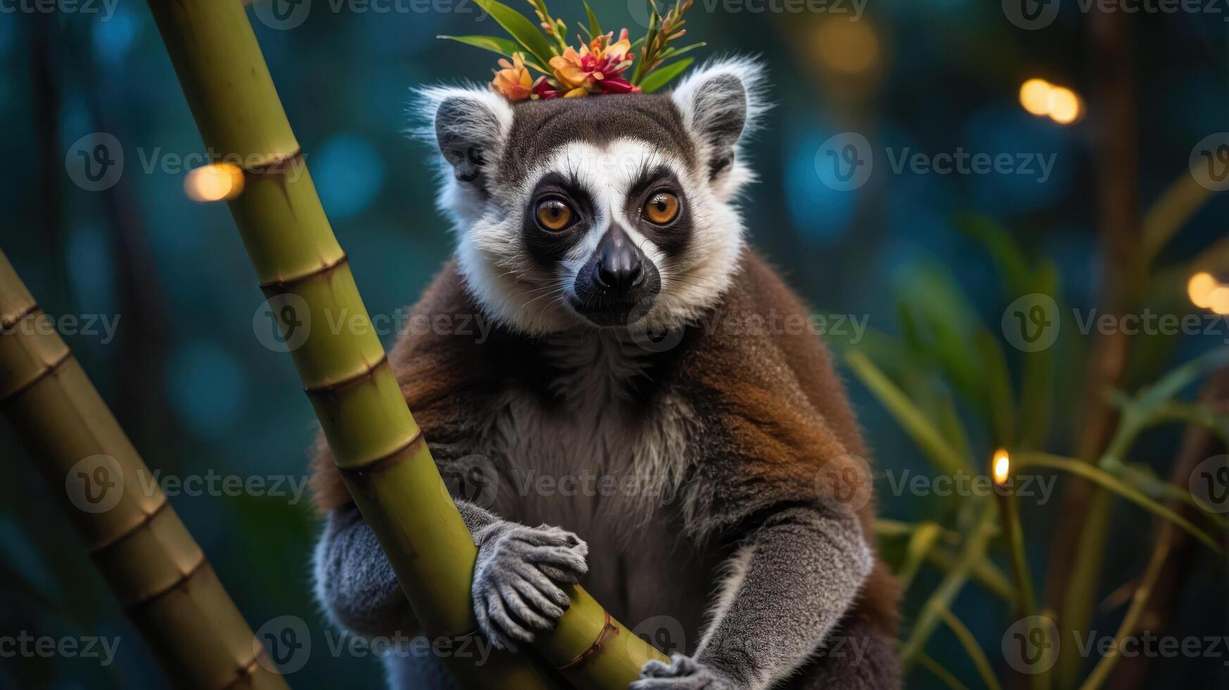 A lemur adorned with a floral crown perched on a bamboo branch in a lush environment. photo