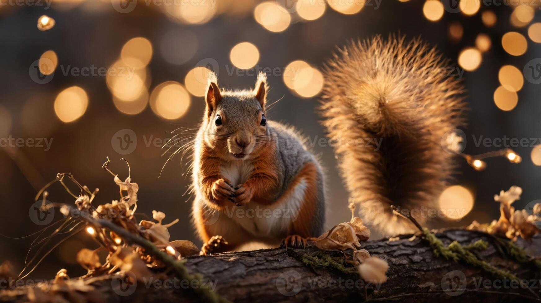 A squirrel perched on a log amidst a blurred, glowing background of autumn foliage. photo