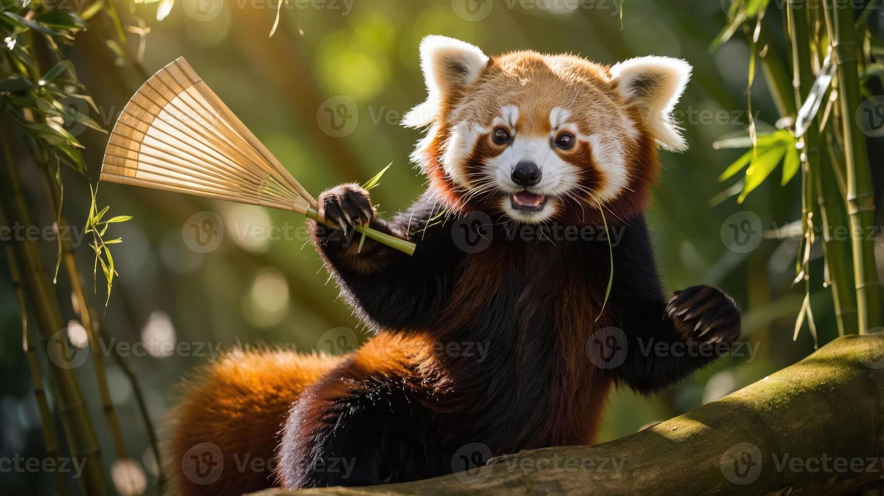 A playful red panda holding a fan while perched on a bamboo branch in a lush environment. photo