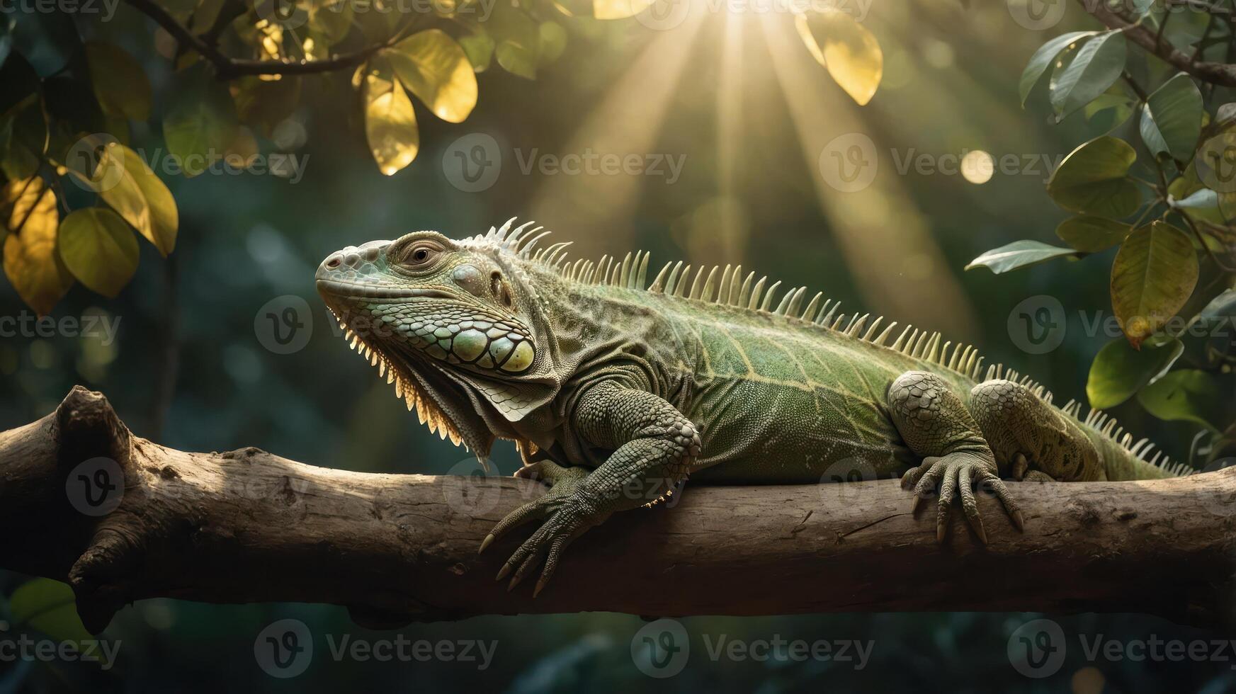 A green iguana resting on a branch in a sunlit forest. photo