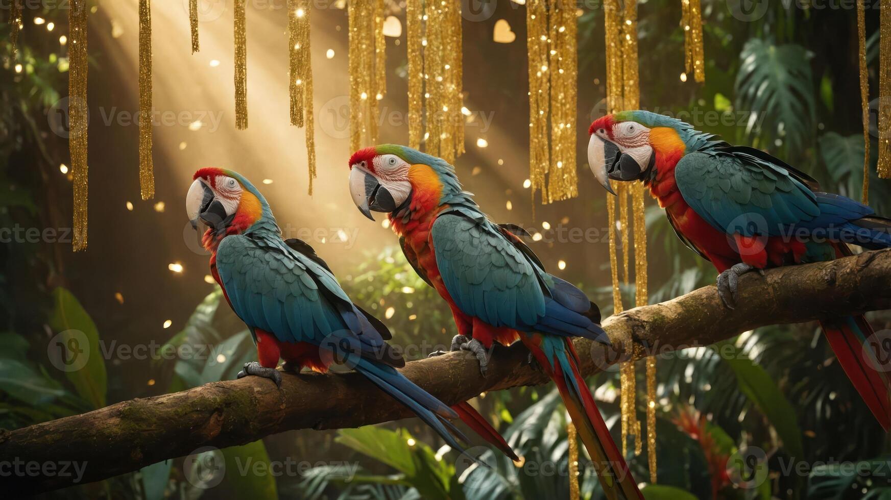 Three vibrant macaws perched on a branch in a lush, illuminated jungle setting. photo