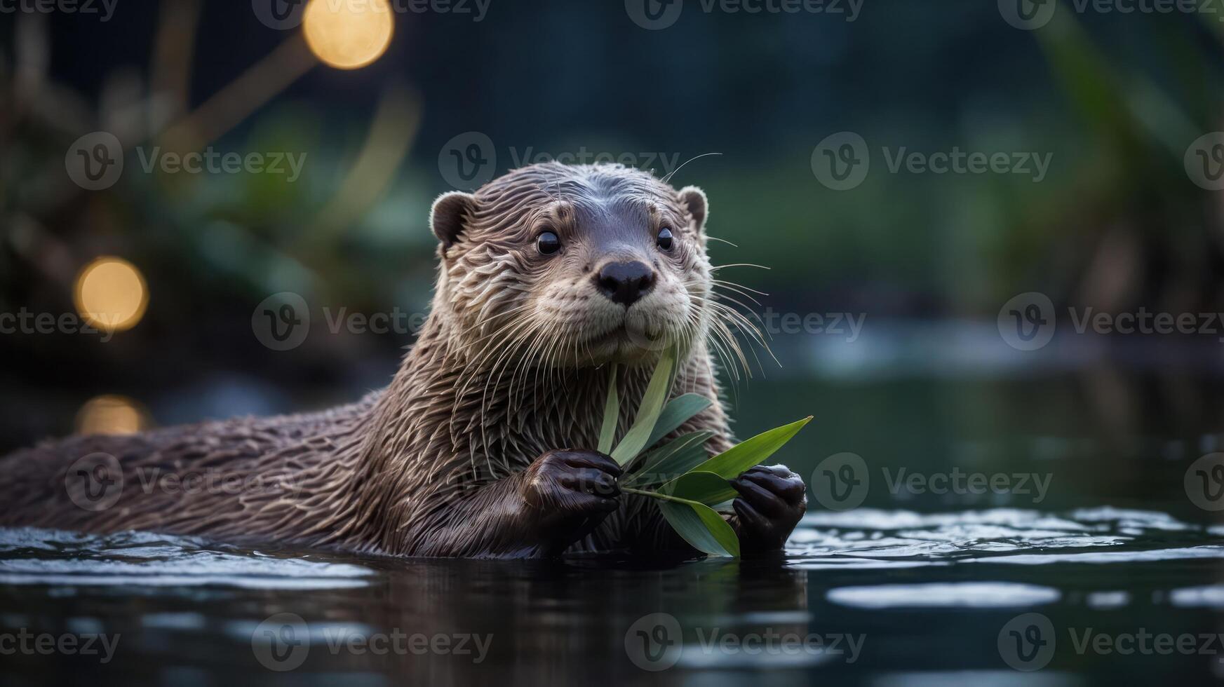 A playful otter holds a leaf while swimming in a serene, natural environment. photo