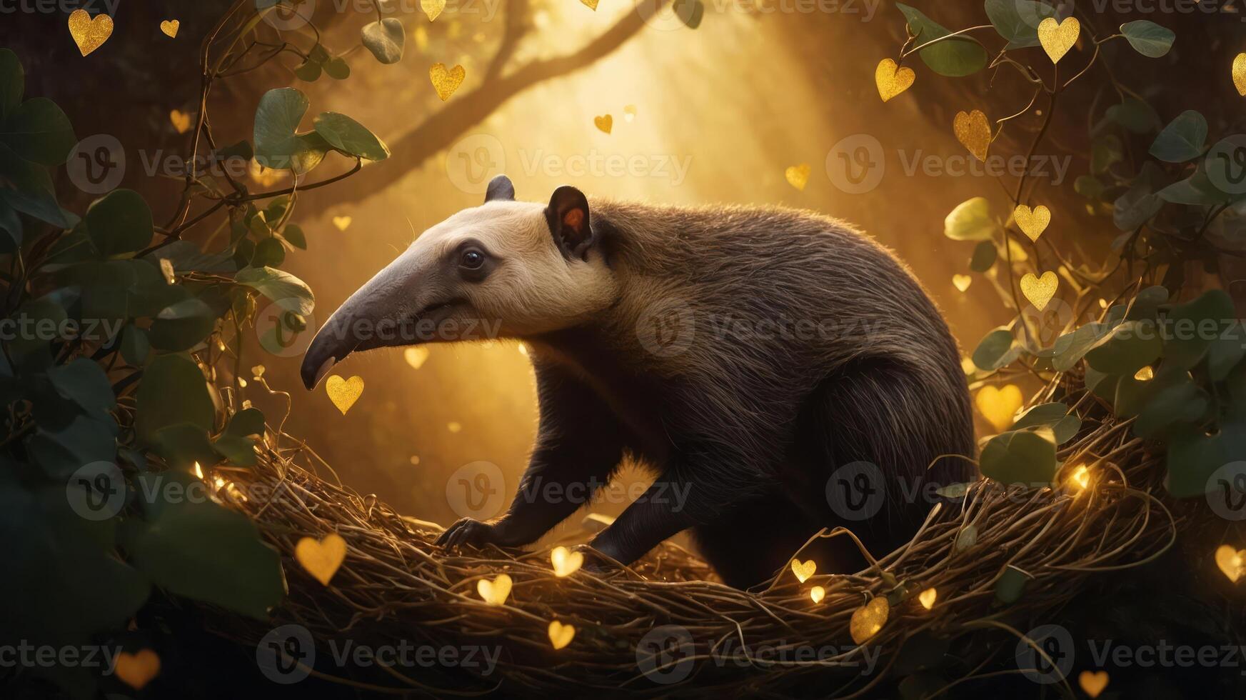 A serene anteater in a heart-adorned nest, illuminated by soft, golden light. photo